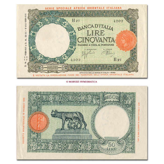 Italia, Africa Orientale Italiana,BANCA D'ITALIA,LIRE 50,12.09.1938 | Moruzzi Numismatica