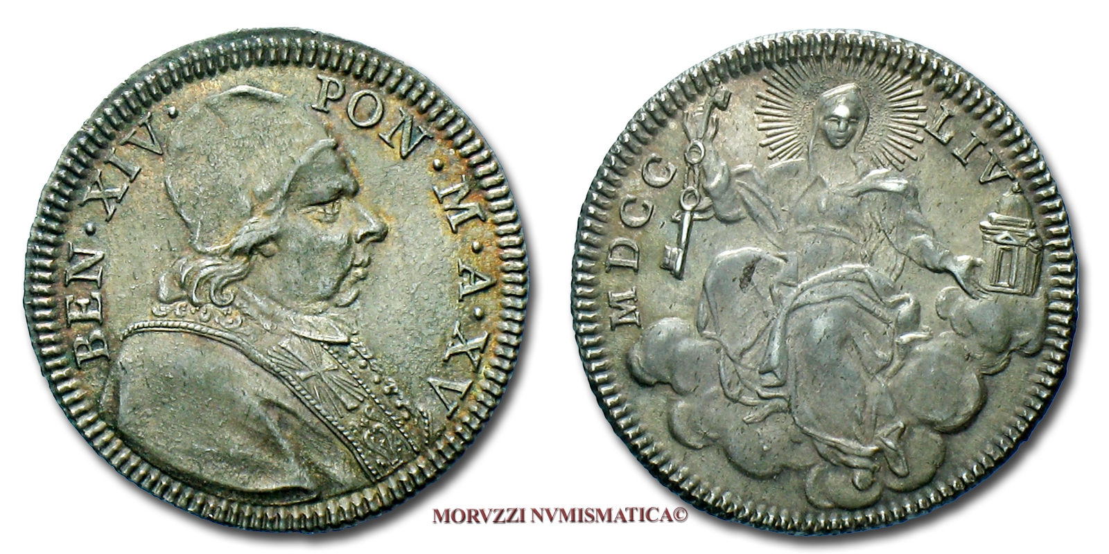 Stato Pontificio, BENEDETTO XIV, DOPPIO GIULIO, 1754 A XV, zecca di Roma, ARGENTO, qFDC, (Muntoni 51b) / Pope Benedictus XIV Lambertini SILVER COINS (monete papali rare d'argento - monete pontificie - moneta papale rara da collezione) | Moruzzi Numismatica