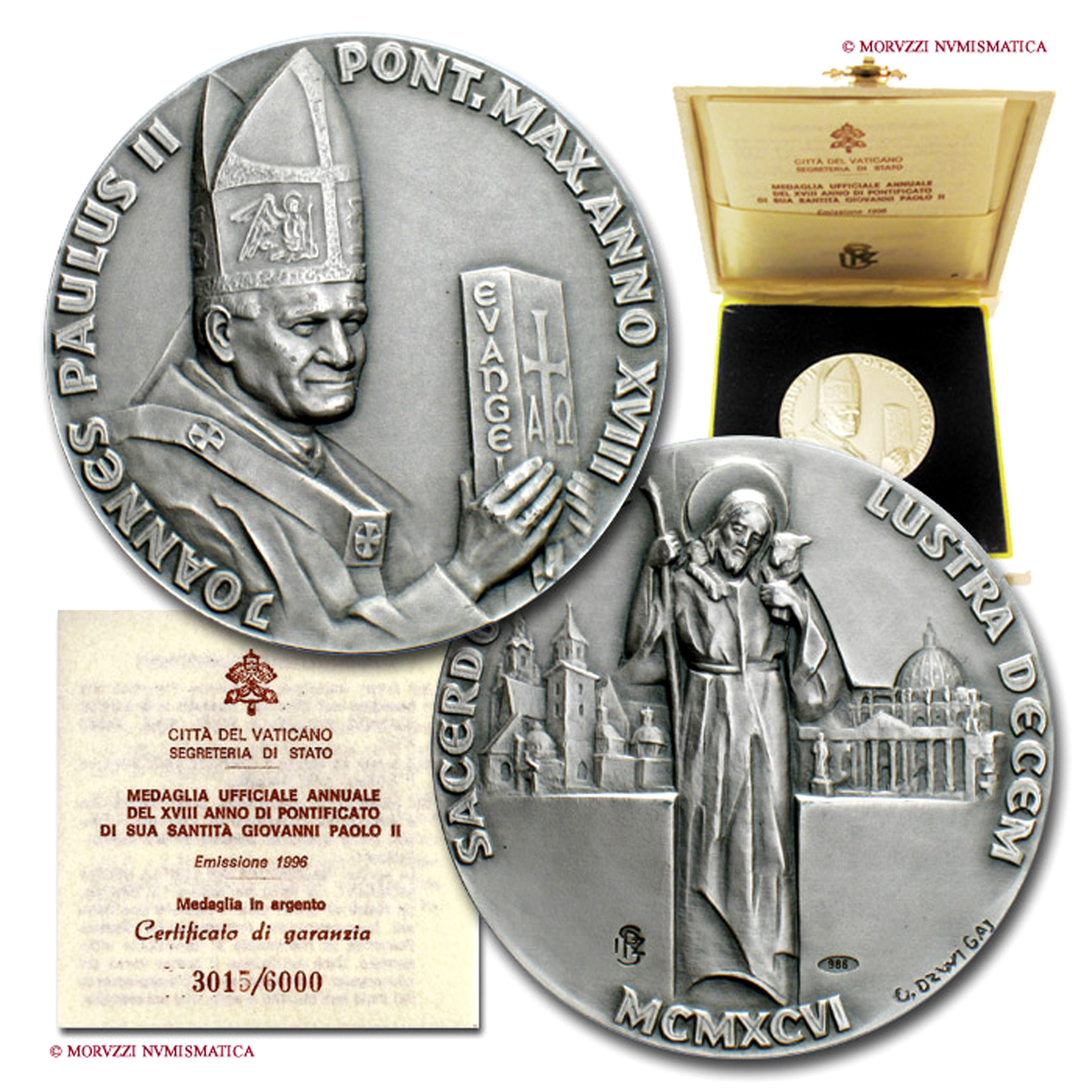 Città del Vaticano, GIOVANNI PAOLO II, Wojtyla, MEDAGLIA ANNUALE mm. 44,00, 1996 A. XVIII | Moruzzi Numismatica