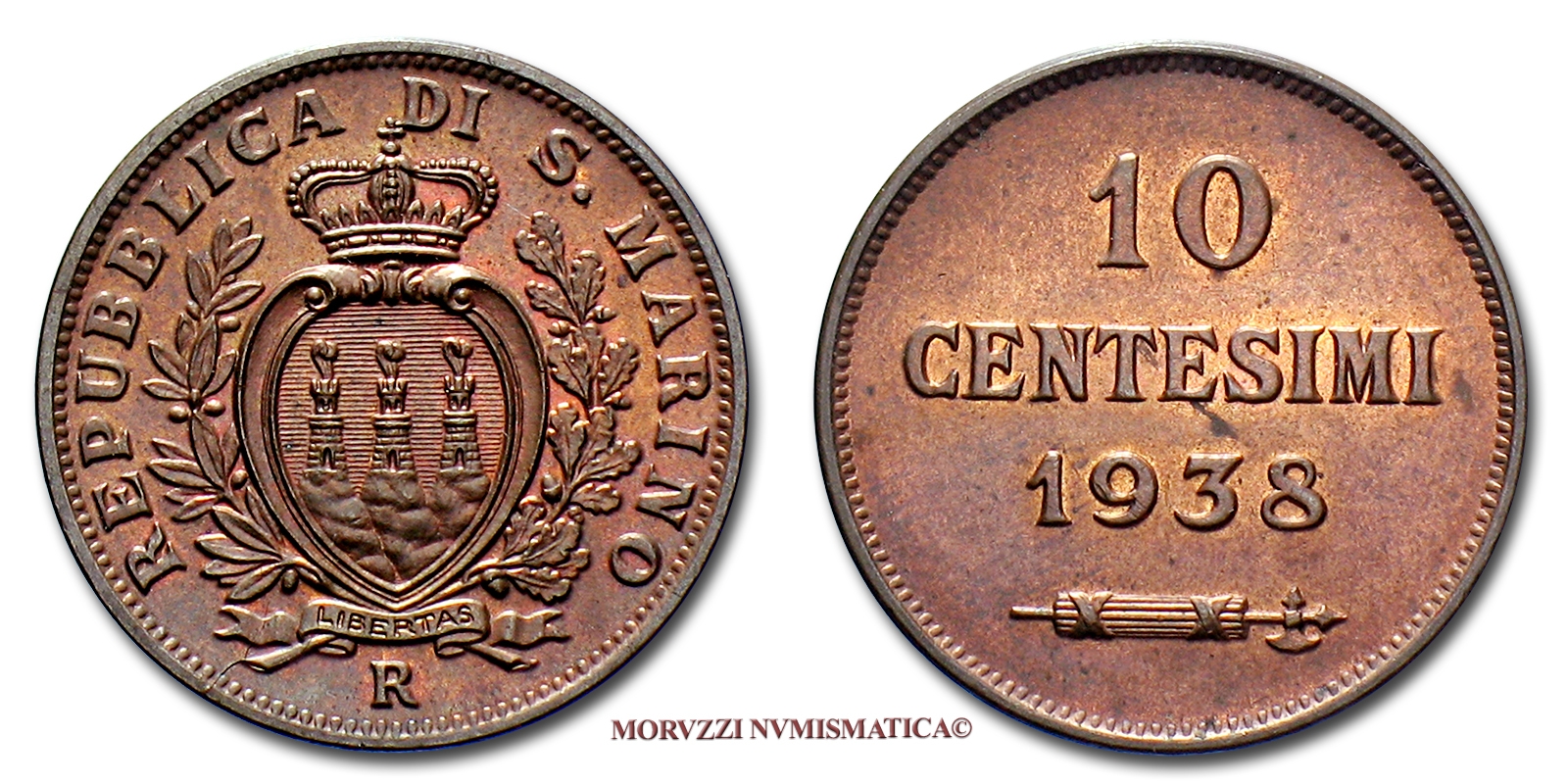 Repubblica di San Marino, VECCHIA MONETAZIONE, 10 CENTESIMI, 1938, FDC, (Pagani 376) / monete di San Marino | Moruzzi Numismatica