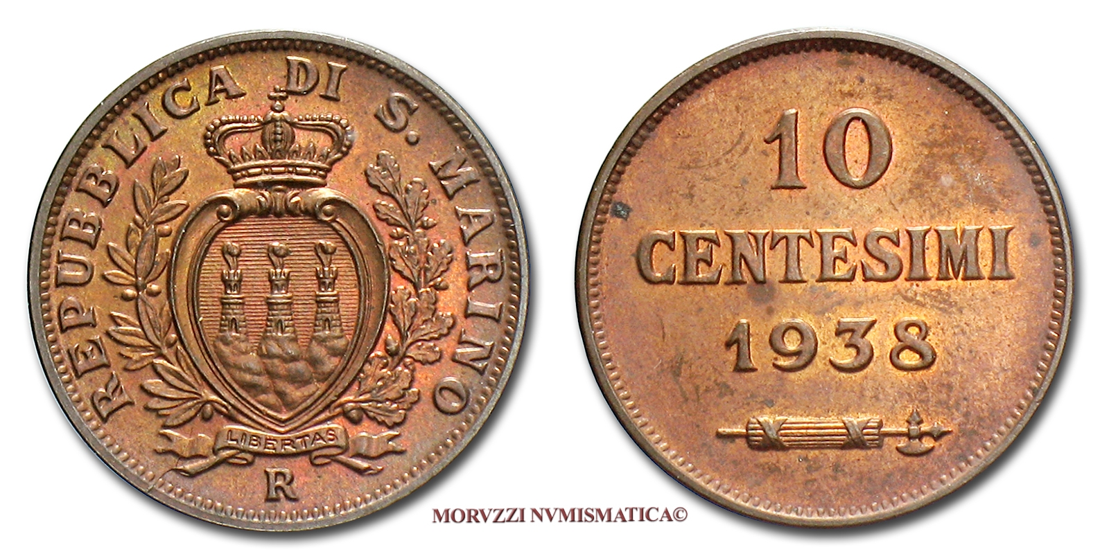 Repubblica di San Marino, VECCHIA MONETAZIONE, 10 CENTESIMI, 1938, Rame rosso, FDC, (Pagani 376) / monete di San Marino | Moruzzi Numismatica
