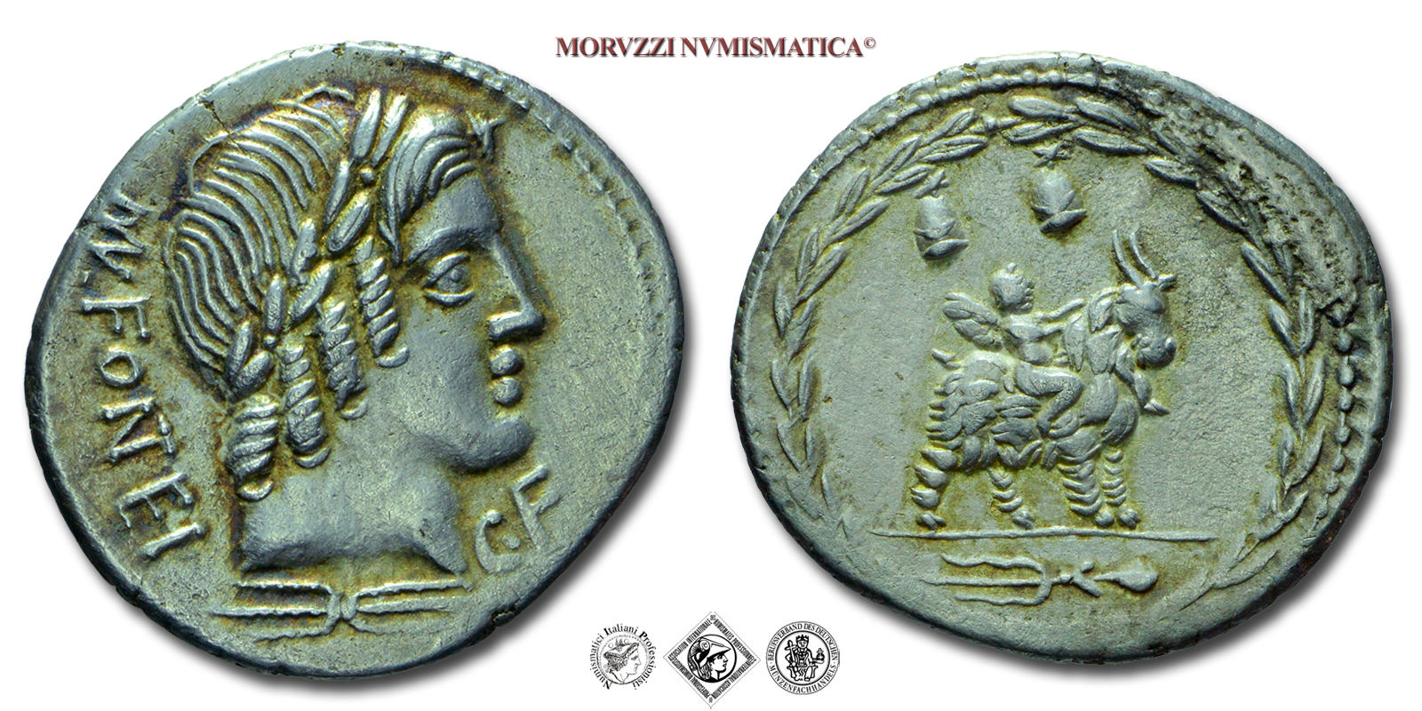 GENS FONTEIA, Man. Fonteius C. f., DENARIO, 85 a.C., testa laureata di Apollo e sotto un fulmine / Cupido su capra con sopra due pilei e in esergo un tirso, Zecca di Roma, ARGENTO, SPL, (Crawford 353/1a) / monete romane repubblicane (Repubblica Romana) | Moruzzi Numismatica