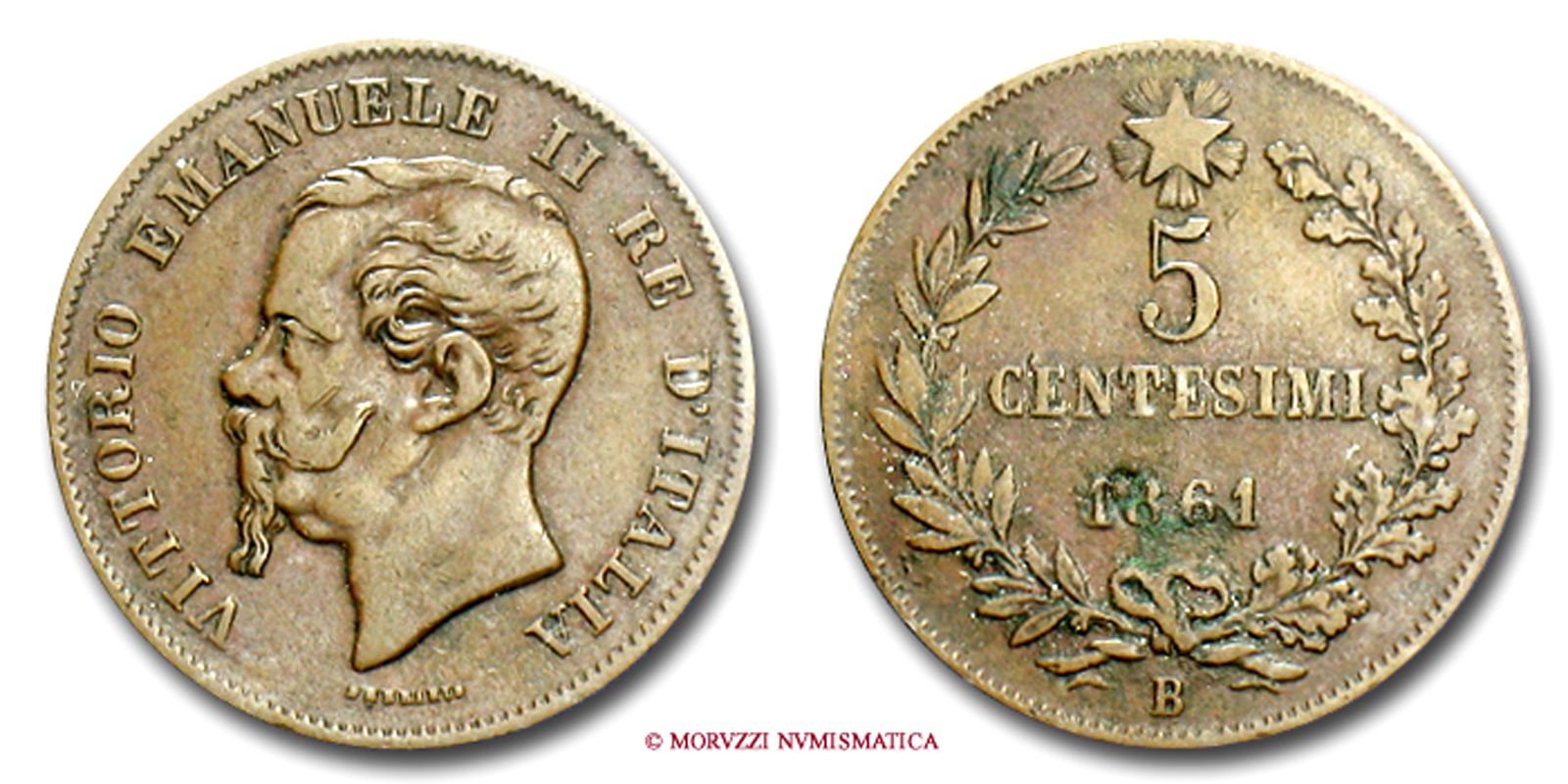 Regno d'Italia, VITTORIO EMANUELE II, 5 CENTESIMI, 1861 B, zecca di Bologna, RAME, BB, (R), (Pagani 552) / monete italiane moderne rare (moneta italiana moderna rara da collezione - Casa Savoia) | Moruzzi Numismatica