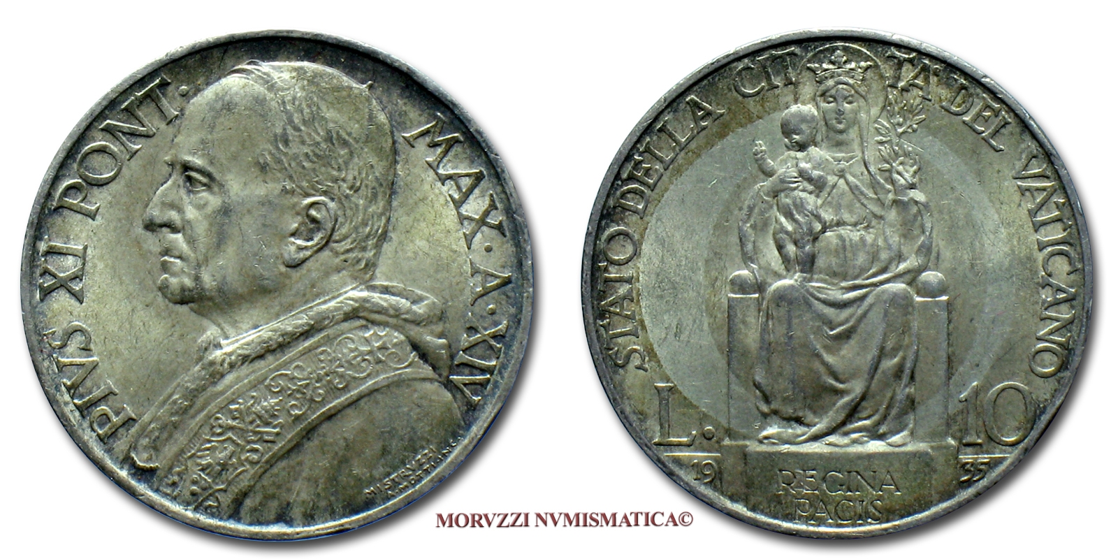 Città del Vaticano, PIO XI, 10 LIRE, 1935 A XIV, zecca di Roma, ARGENTO, qFDC, (Pagani 628) / Pope Pius XI SILVER COINS (monete papali vaticane d'argento - monete pontificie - moneta vaticana) Silbermünzen von Papst Pius XI. - Pape Pie XI | Moruzzi Numismatica