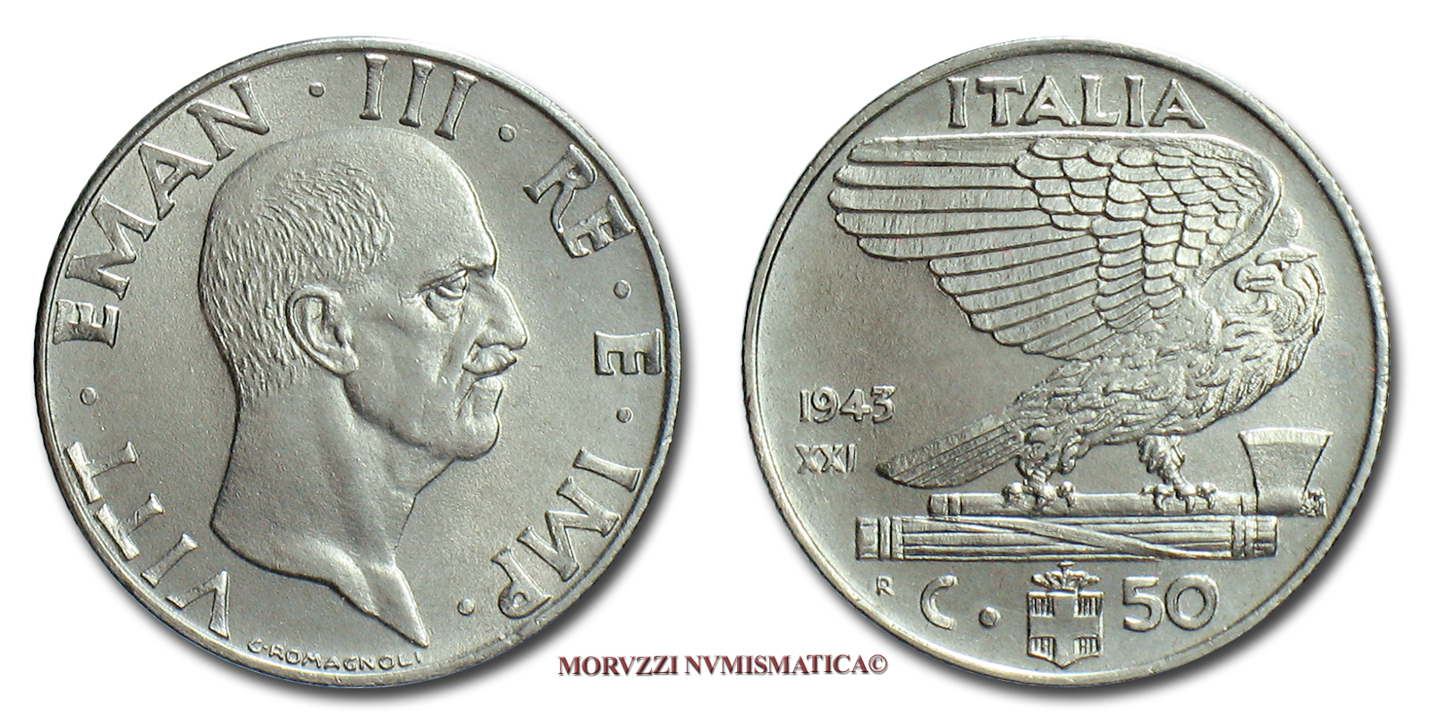 Regno d'Italia, VITTORIO EMANUELE III, 50 CENTESIMI, 1943, Impero, Zecca di Roma, ACMONITAL, qFDC, (R), (Pagani 826) / monete italiane moderne rare (moneta italiana moderna rara da collezione - Casa Savoia) | Moruzzi Numismatica