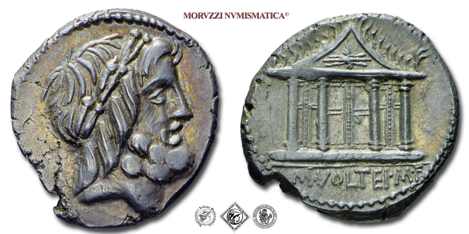 GENS VOLTEIA, M. Volteius M.f., DENARIO, 78 a.C., testa laureata di Giove / tempio di Giove Capitolino; in esergo: M•VOLTEI•M•F, Zecca di Roma, ARGENTO, mBB, (Crawford 385/1) / monete romane repubblicane antiche d'argento (moneta antica della Repubblica Romana) | Moruzzi Numismatica