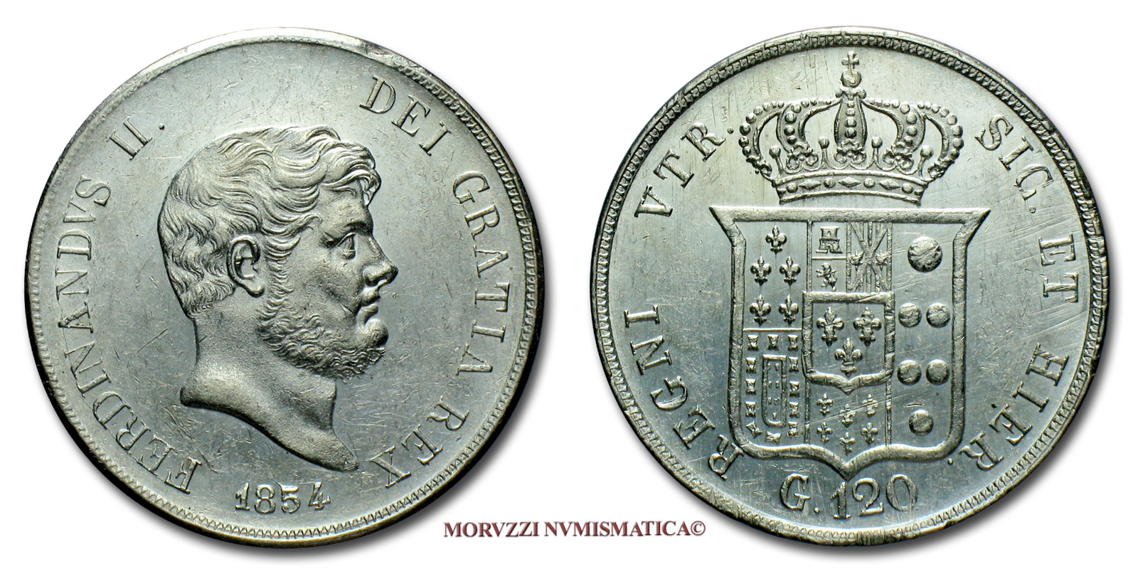 Regno delle due Sicilie, FERDINANDO II DI BORBONE, 120 GRANA, 1854, zecca di Napoli, ARGENTO, SPL, (Pannuti-Riccio 83) / PIASTRA D'ARGENTO (monete italiane preunitarie moderne - piastre borboniche da collezione - moneta italiana preunitaria borbonica) | Moruzzi Numismatica