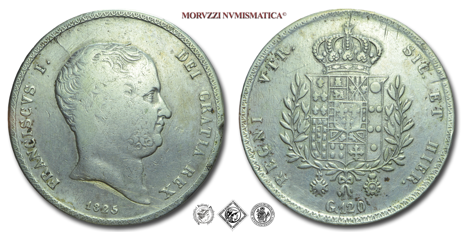 Regno delle due Sicilie, FRANCESCO I DI BORBONE, 120 GRANA, 1825, Zecca di Napoli, ARGENTO, qBB, (Pannuti-Riccio 6) / PIASTRA D'ARGENTO (monete italiane) / PIASTRA D'ARGENTO (monete italiane napoletane - moneta napoletana borbonica - piastre borboniche) | Moruzzi Numismatica