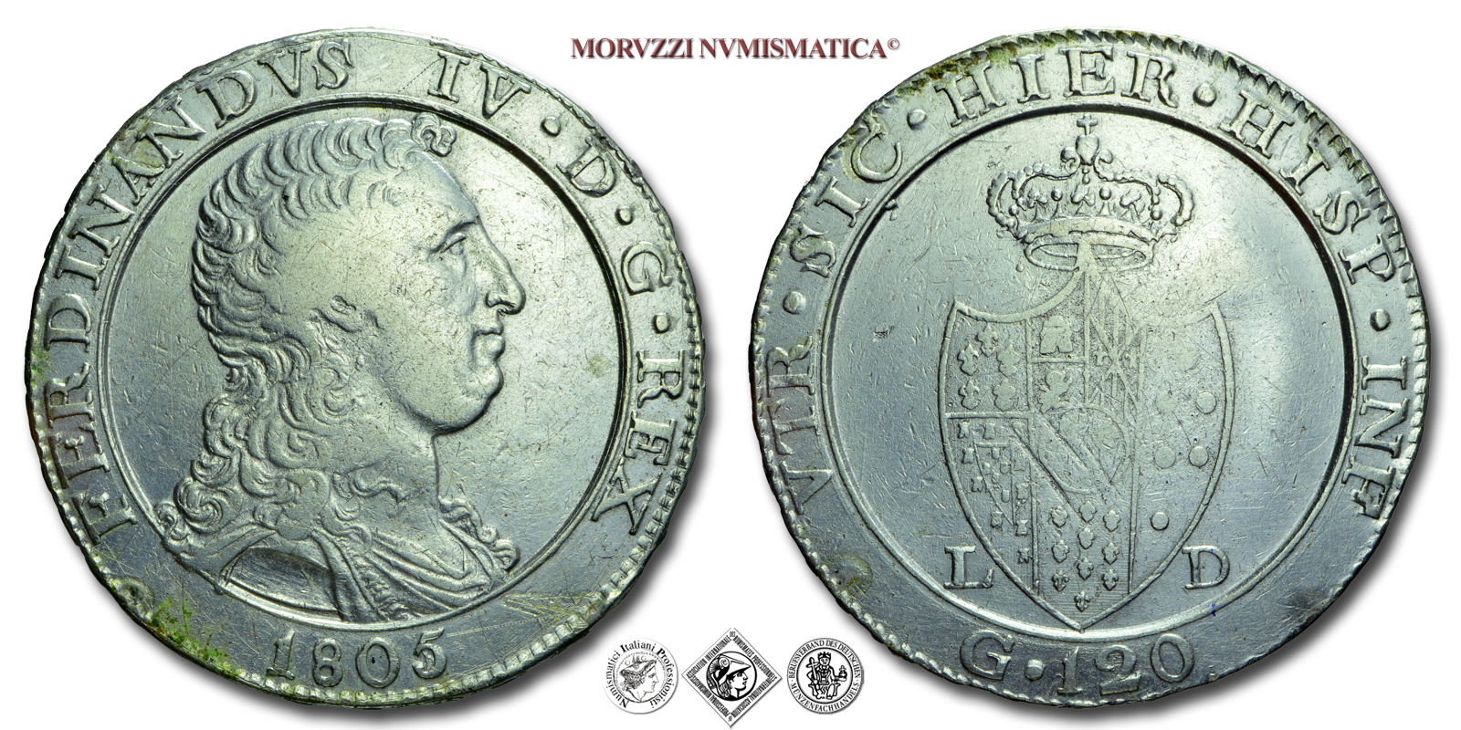 Regno di Napoli, FERDINANDO IV DI BORBONE, 120 GRANA, 1805, Zecca di Napoli, ARGENTO, BB, (Pannuti-Riccio 9) / PIASTRA BORBONICA D'ARGENTO (monete italiane napoletane preunitarie moderne rare - moneta napoletana rara - piastre borboniche da collezione) | Moruzzi Numismatica