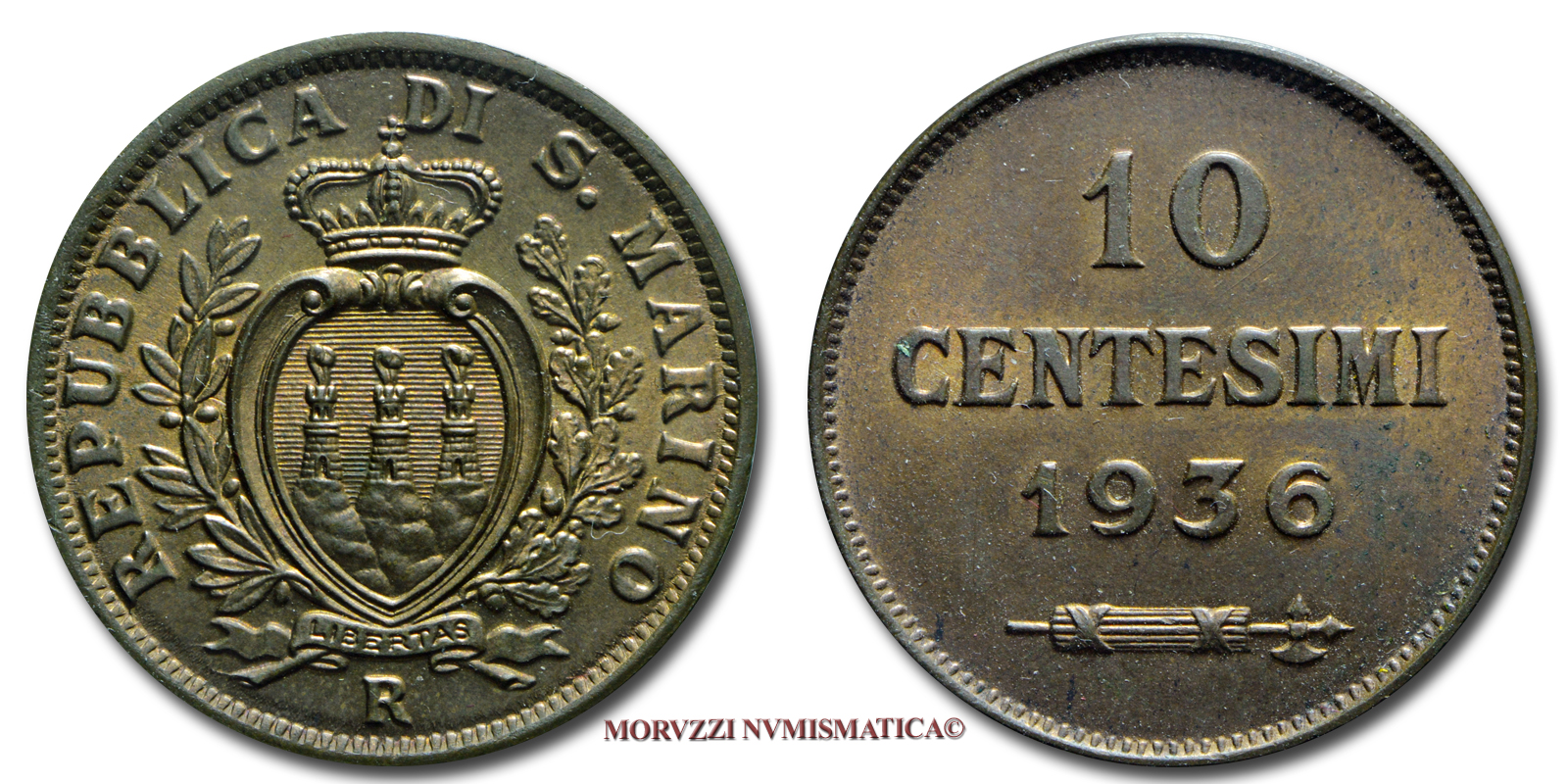 Repubblica di San Marino, VECCHIA MONETAZIONE, 10 CENTESIMI, 1936, zecca di Roma, RAME, FDC, (Pagani 374) / monete mondiali europee moderne (moneta mondiale europea moderna da collezione - WORLD COPPER COINS) | Moruzzi Numismatica