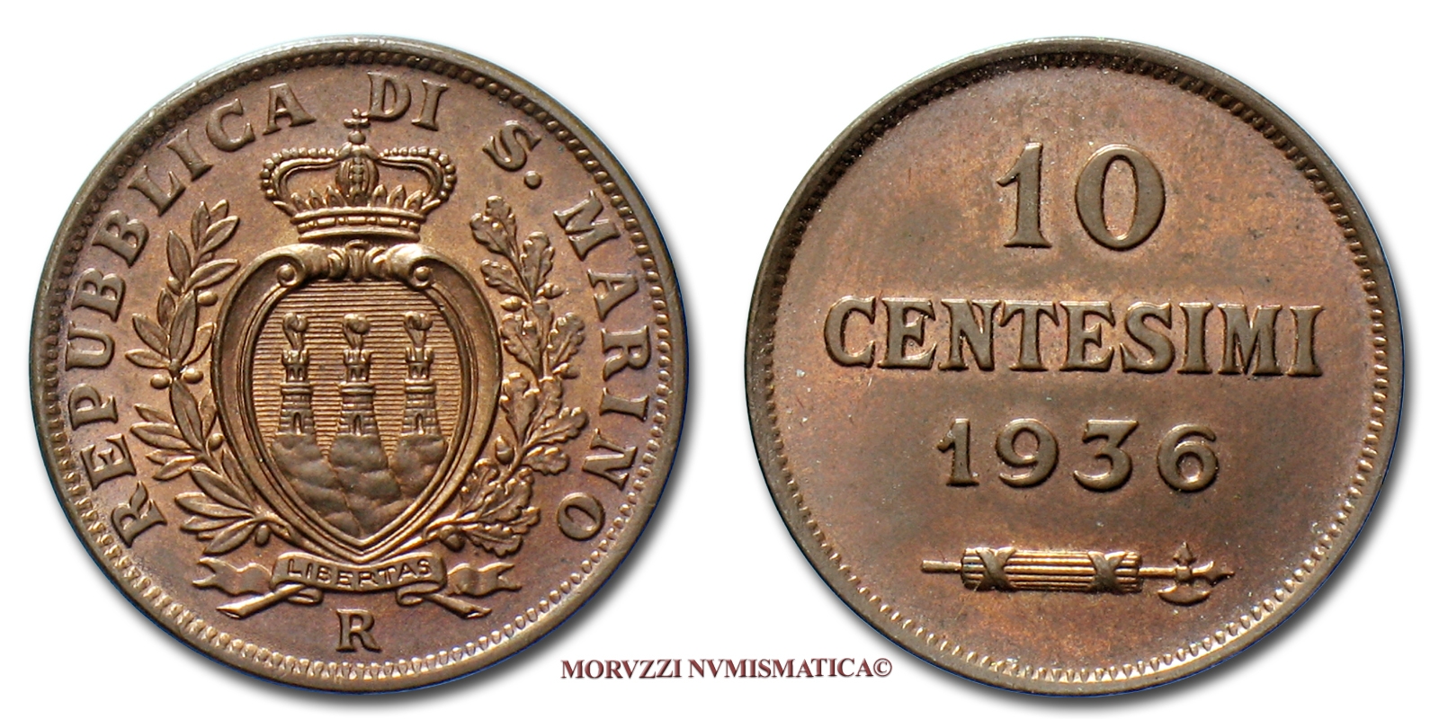 Repubblica di San Marino, VECCHIA MONETAZIONE, 10 CENTESIMI, 1936 R, zecca di Roma, RAME, FDC, (Pagani 374) / monete mondiali europee moderne (moneta mondiale europea moderna da collezione - WORLD COPPER COINS) | Moruzzi Numismatica