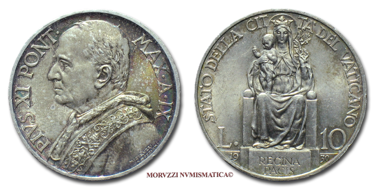 Città del Vaticano, PIO XI, 10 LIRE, 1930 A IX, zecca di Roma, ARGENTO, qFDC, (Pagani 623) / Pope Pius XI SILVER COINS (monete papali vaticane d'argento - monete pontificie - moneta vaticana) Silbermünzen von Papst Pius XI. - Pape Pie XI | Moruzzi Numismatica