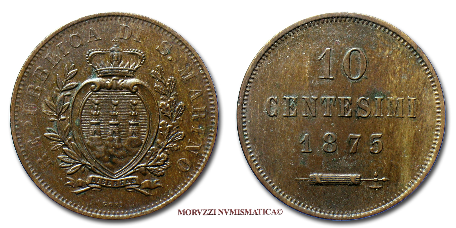 Repubblica di San Marino, VECCHIA MONETAZIONE, 10 CENTESIMI, 1875, zecca di Milano, RAME, SPL, (Pagani 370) / monete mondiali europee moderne (moneta mondiale europea moderna da collezione - WORLD COPPER COINS) | Moruzzi Numismatica
