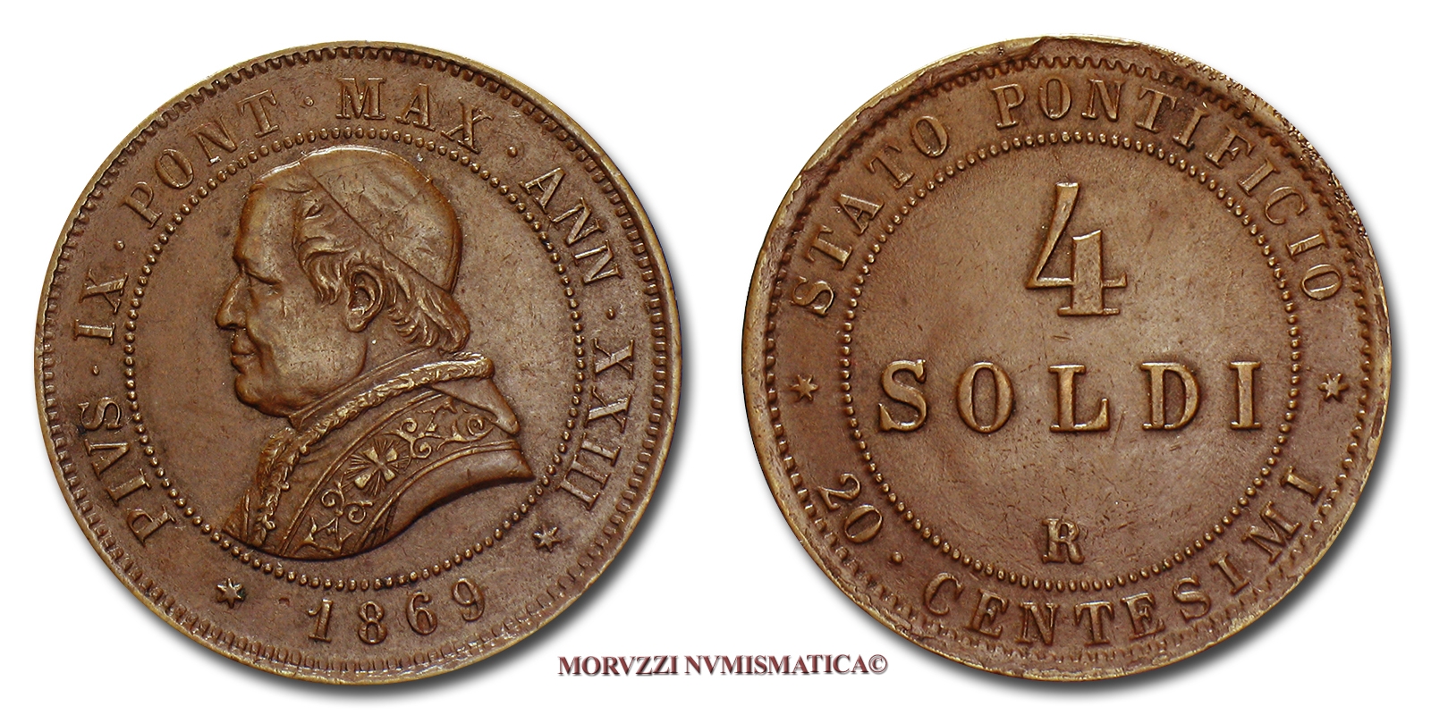 Stato Pontificio, PIO IX, 4 SOLDI, 1869 ANN XXIII, (Pagani 595) | Moruzzi Numismatica