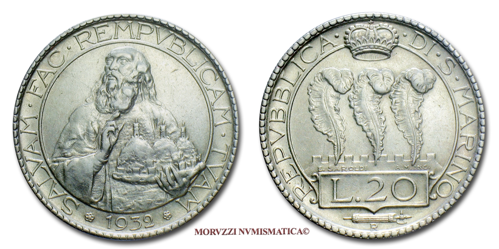 Repubblica di San Marino, VECCHIA MONETAZIONE, 20 LIRE, 1932, (Pagani 343) | Moruzzi Numismatica