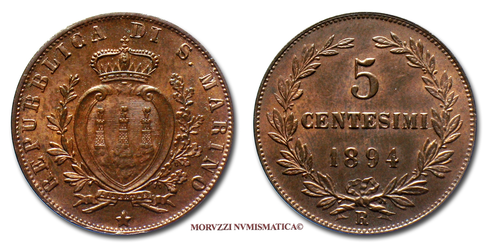 Repubblica di San Marino, VECCHIA MONETAZIONE, 5 CENTESIMI, 1894, zecca di Roma, RAME, FDC, (Pagani 379) / monete mondiali europee moderne (WORLD COPPER COINS - moneta mondiale europea moderna da collezione) | Moruzzi Numismatica