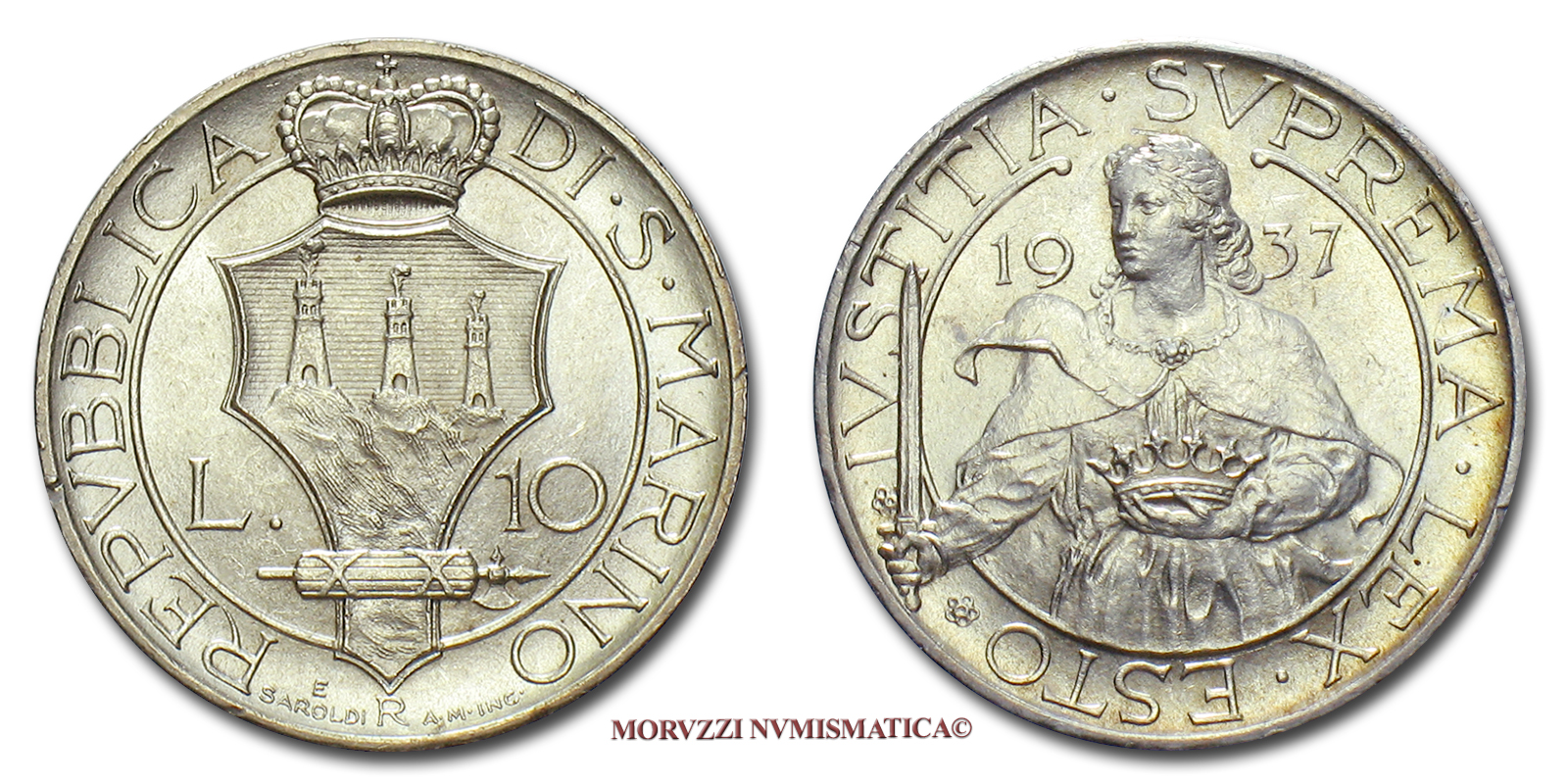 Repubblica di San Marino, VECCHIA MONETAZIONE, 1864-1938, LIRE 10,1937 | Moruzzi Numismatica