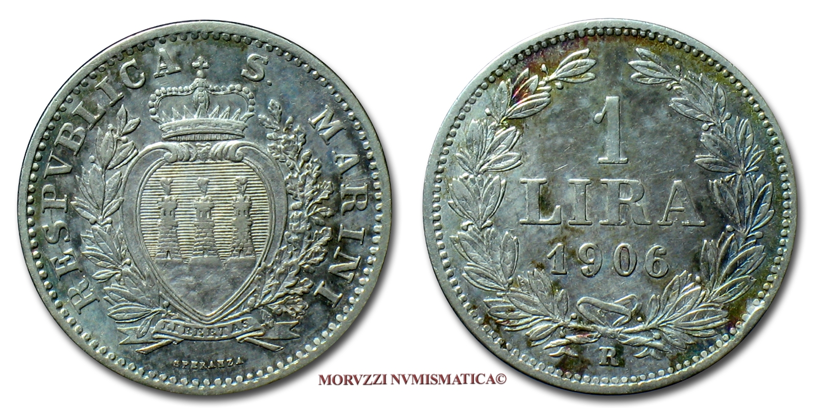 Repubblica di San Marino, VECCHIA MONETAZIONE, 1 LIRA, 1906 R, zecca di Roma, ARGENTO, mBB, (Pagani 368) / monete mondiali europee moderne d'argento (WORLD SILVER COINS - moneta mondiale europea moderna da collezione) | Moruzzi Numismatica