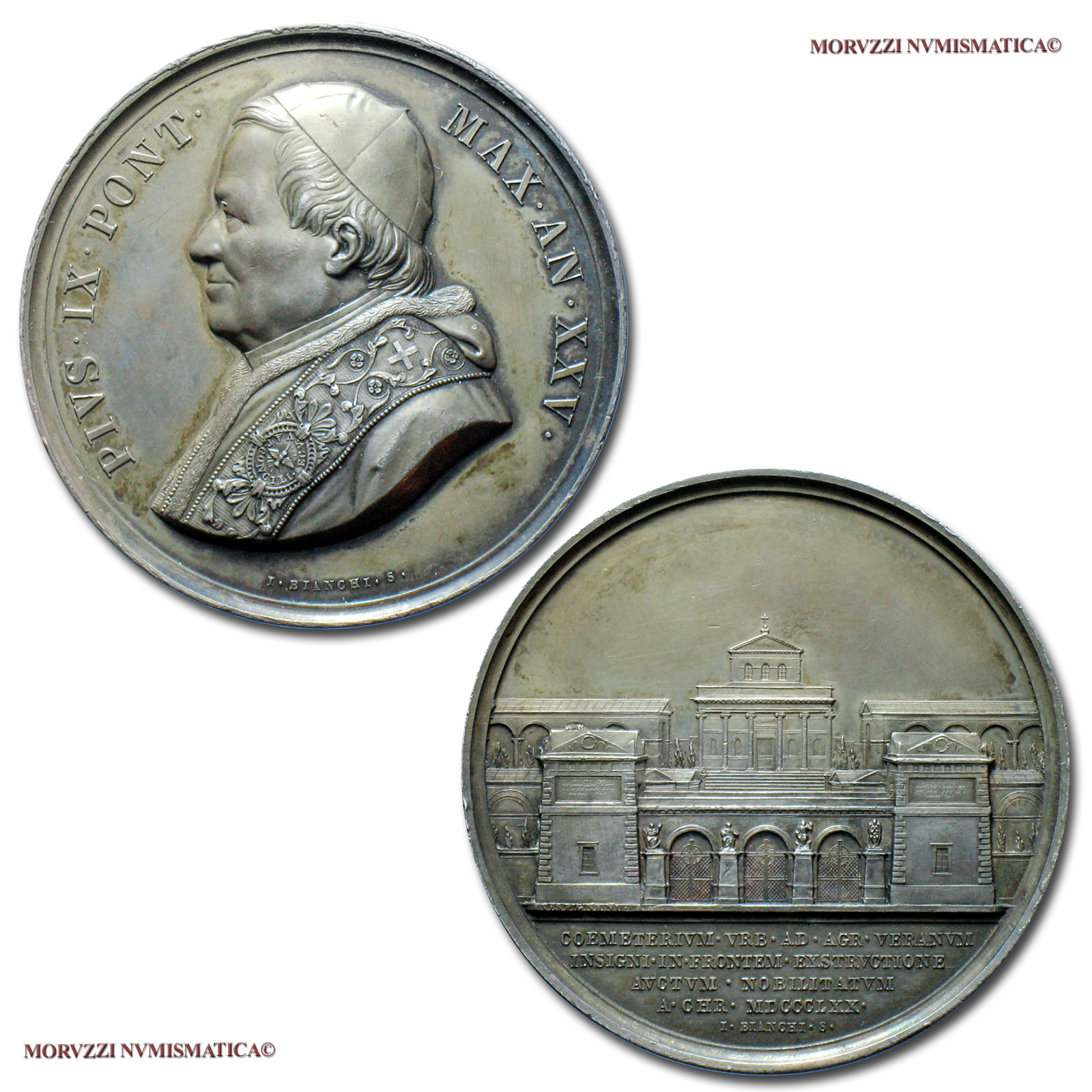 Stato Pontificio, PIO IX, MEDAGLIA ANNUALE IN ARGENTO, 1870 AN XXV, Ingresso al cimitero del Verano, Opus Ignazio Bianchi, FDC, (NC), (Bartolotti E870) / Pope Pius IX Mastai Ferretti SILVER MEDALS (medaglie papali d'argento - medaglie pontificie) | Moruzzi Numismatica