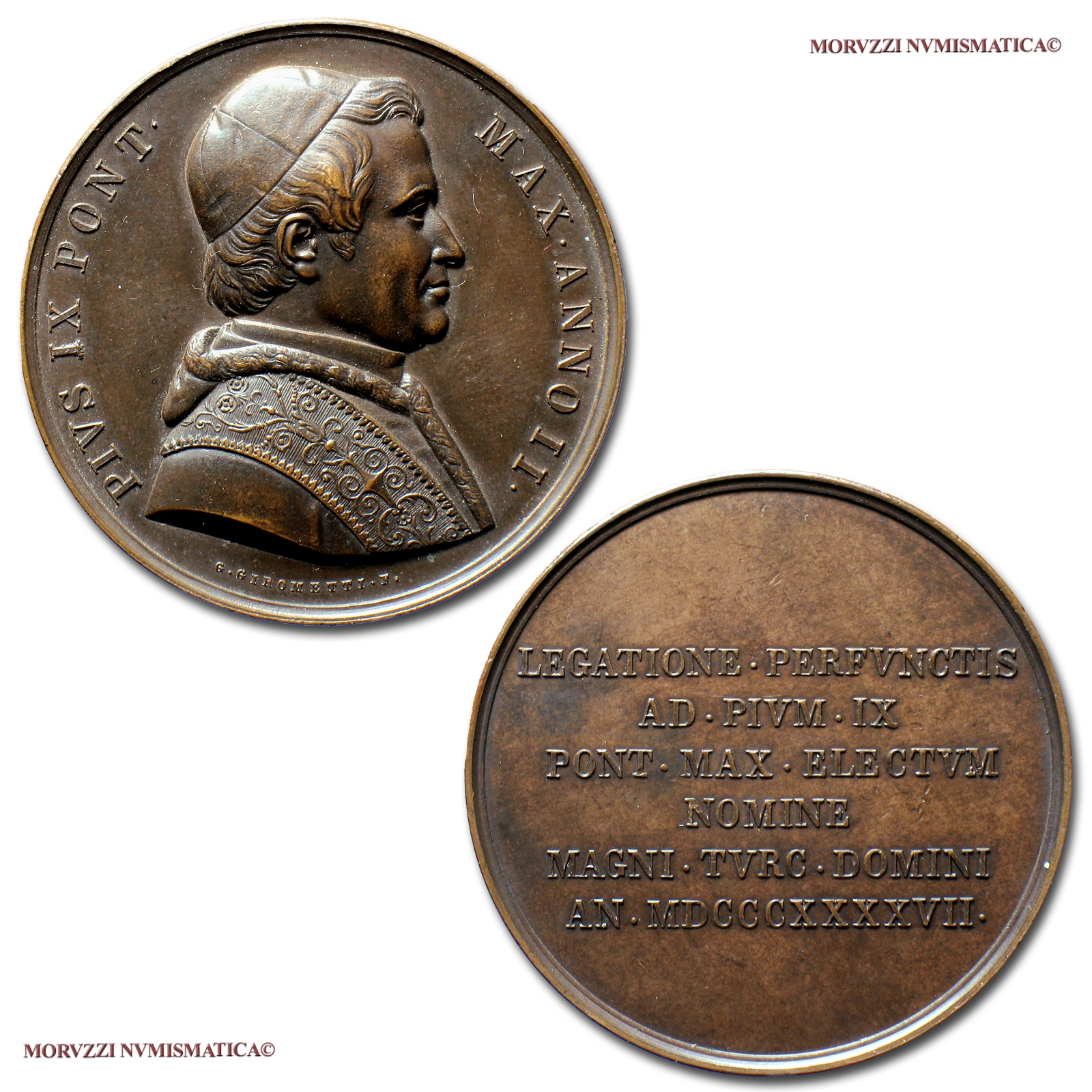 Stato Pontificio, PIO IX, MEDAGLIA STRAORDINARIA IN BRONZO, 1847 ANNO II, Legazione Turca a Roma, Opus Giuseppe Girometti, mSPL, (RR), (Bartolotti II-8) / Pius IX Mastai Ferretti BRONZE MEDALS (medaglie papali rare - medaglie pontificie straordinarie) | Moruzzi Numismatica