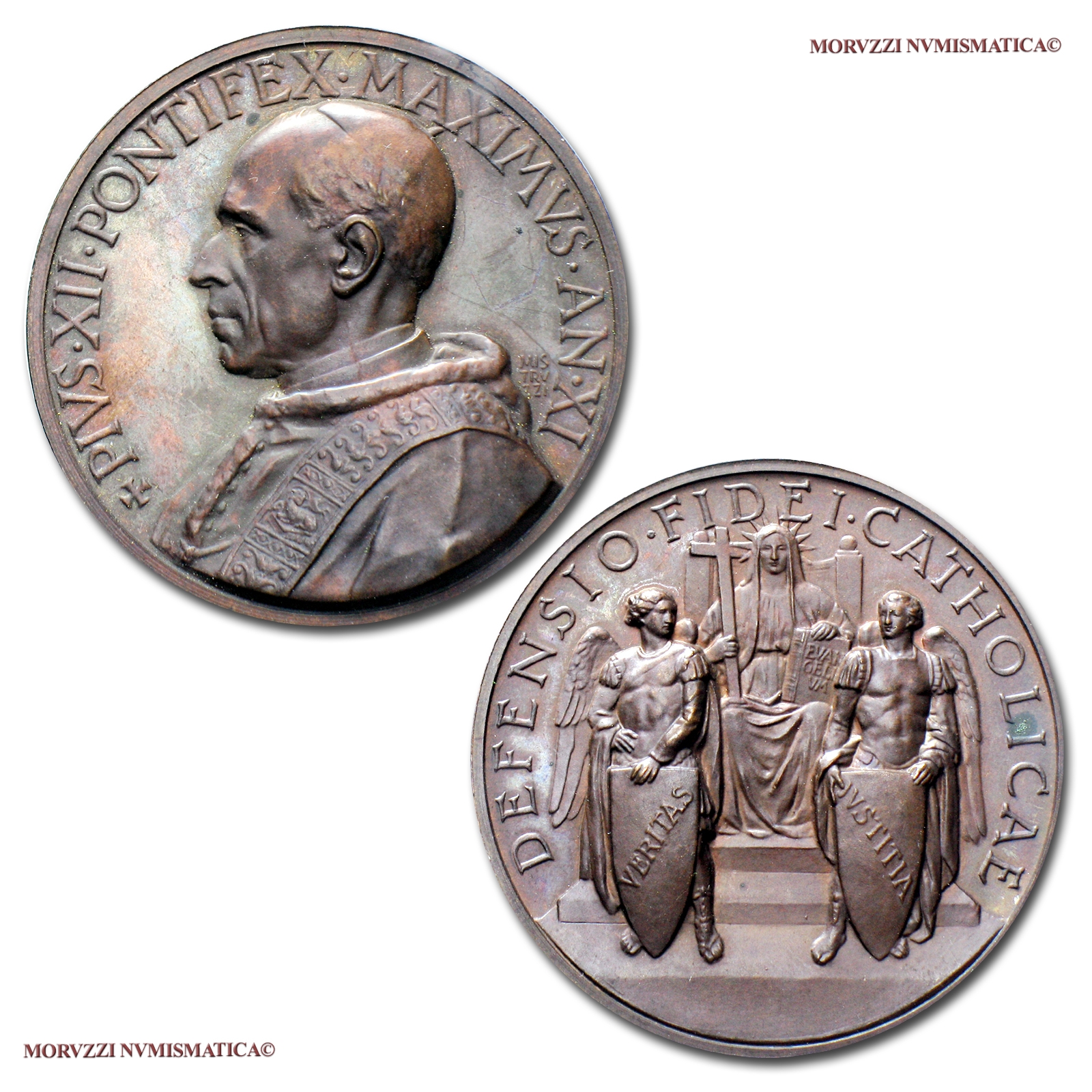 Città del Vaticano, PIO XII, MEDAGLIA ANNUALE IN BRONZO, 1949 A XI, Difesa della Fede Cattolica, Opus Mistruzzi, FDC, (Bartolotti E949) / Pius XII BRONZE MEDAL Papal medals (medaglie papali di bronzo - medaglie pontificie) Bronzemedaille Pie XII médaille | Moruzzi Numismatica