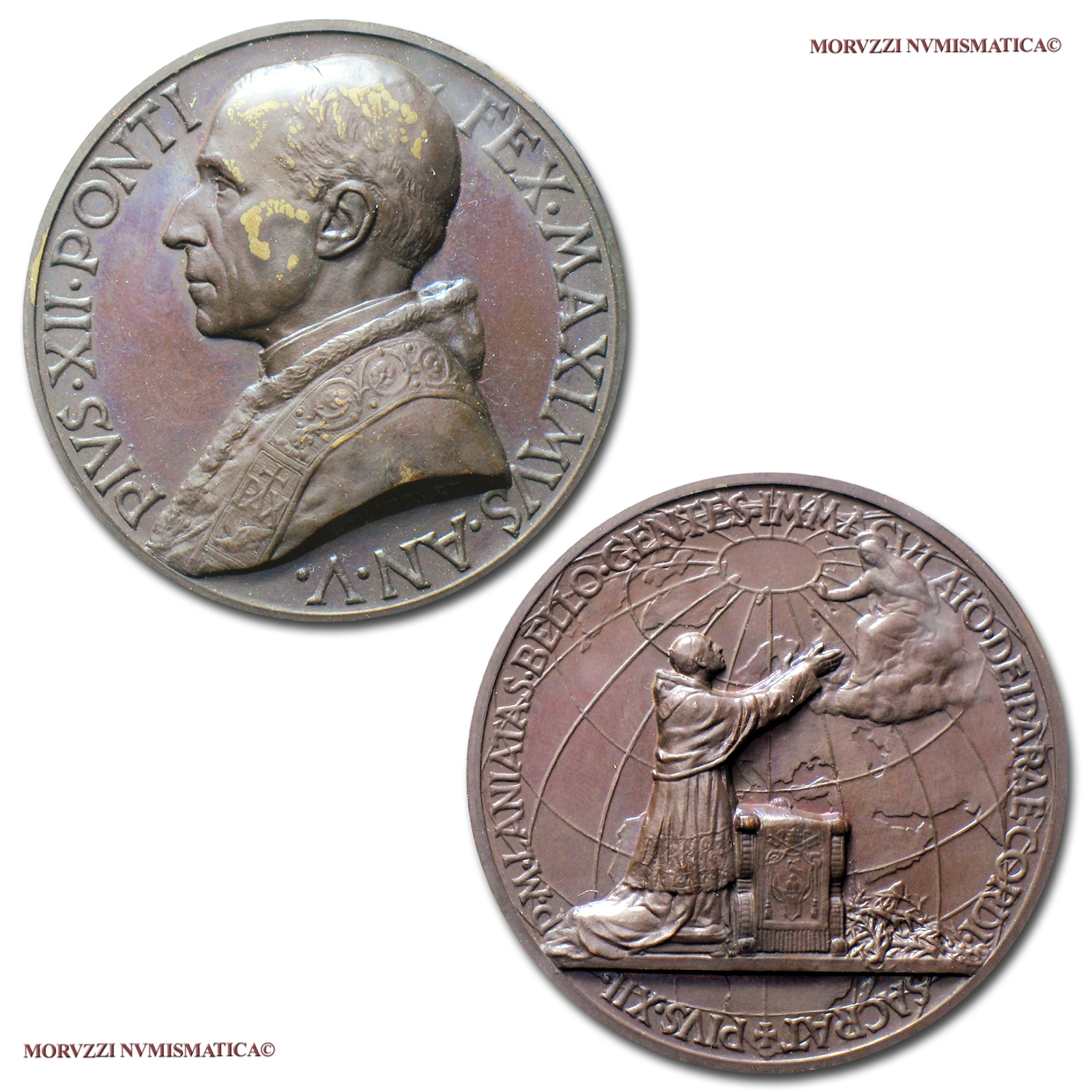 Stato Pontificio, PIO XII, MEDAGLIA ANNUALE IN BRONZO, 1943, Consacrazione dei popoli in guerra alla Beata Vergine, FDC, (Bartolotti E943) / Pius XII BRONZE MEDAL Papal medals (medaglie papali di bronzo medaglie pontificie) Bronzemedaille Pie XII médaille | Moruzzi Numismatica
