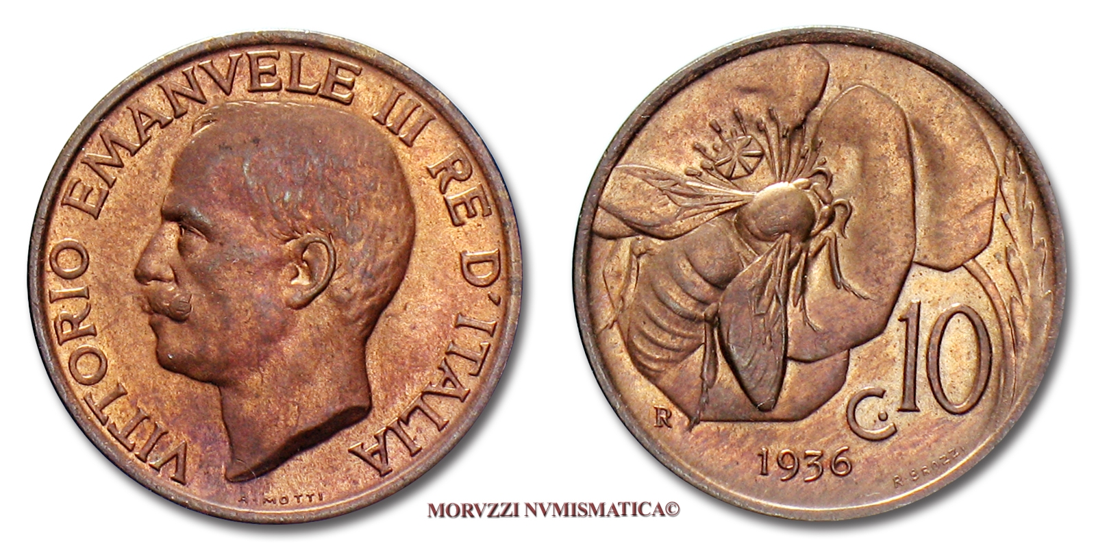 Regno d'Italia, VITTORIO EMANUELE III, 10 CENTESIMI, 1936, Ape, zecca di Roma, RAME, FDC, (Pagani 881) / monete italiane | Moruzzi Numismatica