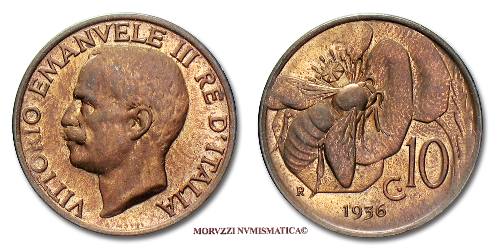 Regno d'Italia, VITTORIO EMANUELE III, 10 CENTESIMI, 1936, Ape, zecca di Roma, RAME, FDC, (Pagani 881) / monete italiane | Moruzzi Numismatica