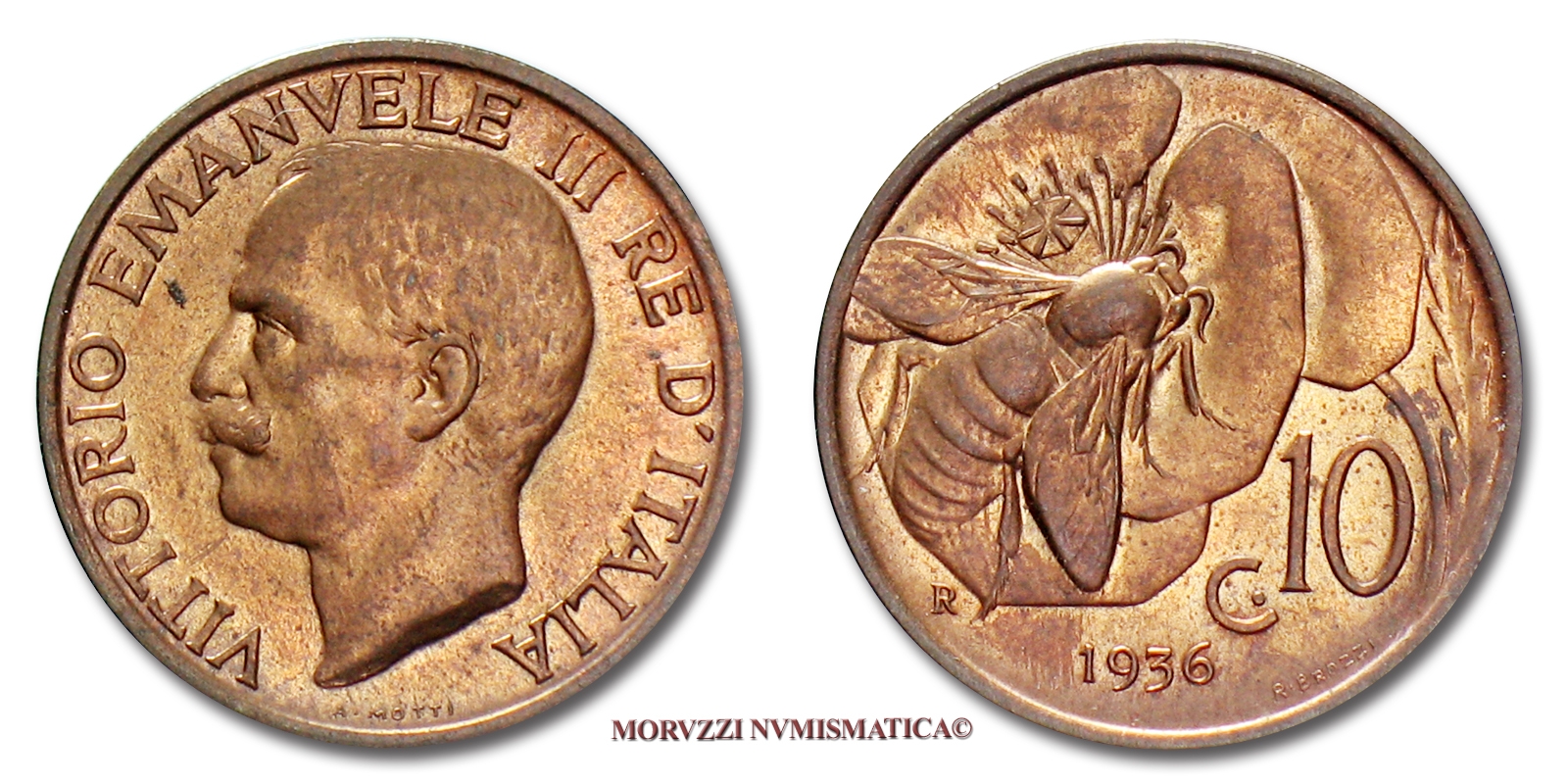 Regno d'Italia, VITTORIO EMANUELE III, 10 CENTESIMI, 1936, Ape, zecca di Roma, RAME, FDC, (Pagani 881) / monete italiane | Moruzzi Numismatica