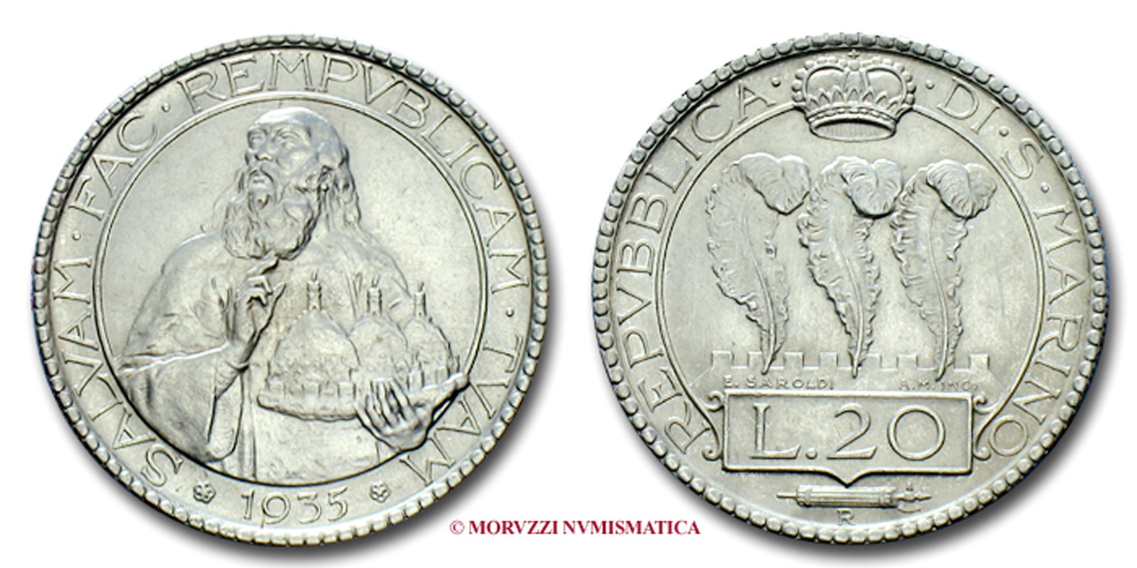 Repubblica di San Marino, VECCHIA MONETAZIONE, 1864-1938, LIRE 20, 1935 | Moruzzi Numismatica