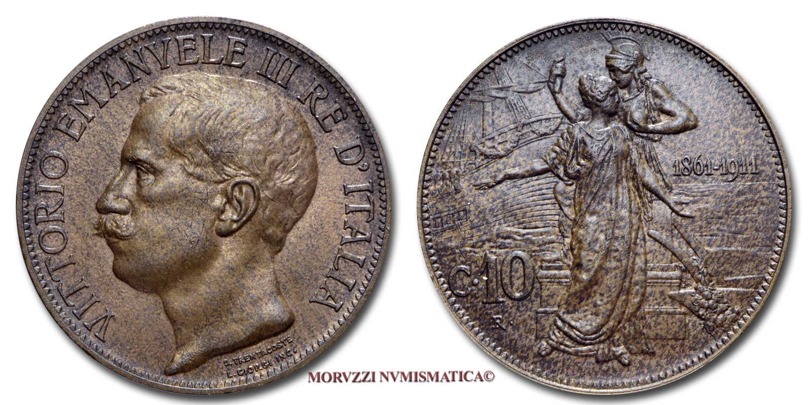 Regno d'Italia, VITTORIO EMANUELE III, 10 CENTESIMI, 1911, Cinquantenario, zecca di Roma, RAME, mSPL, (Pagani 863) / monete italiane moderne (moneta italiana moderna da collezione - Casa Savoia) | Moruzzi Numismatica