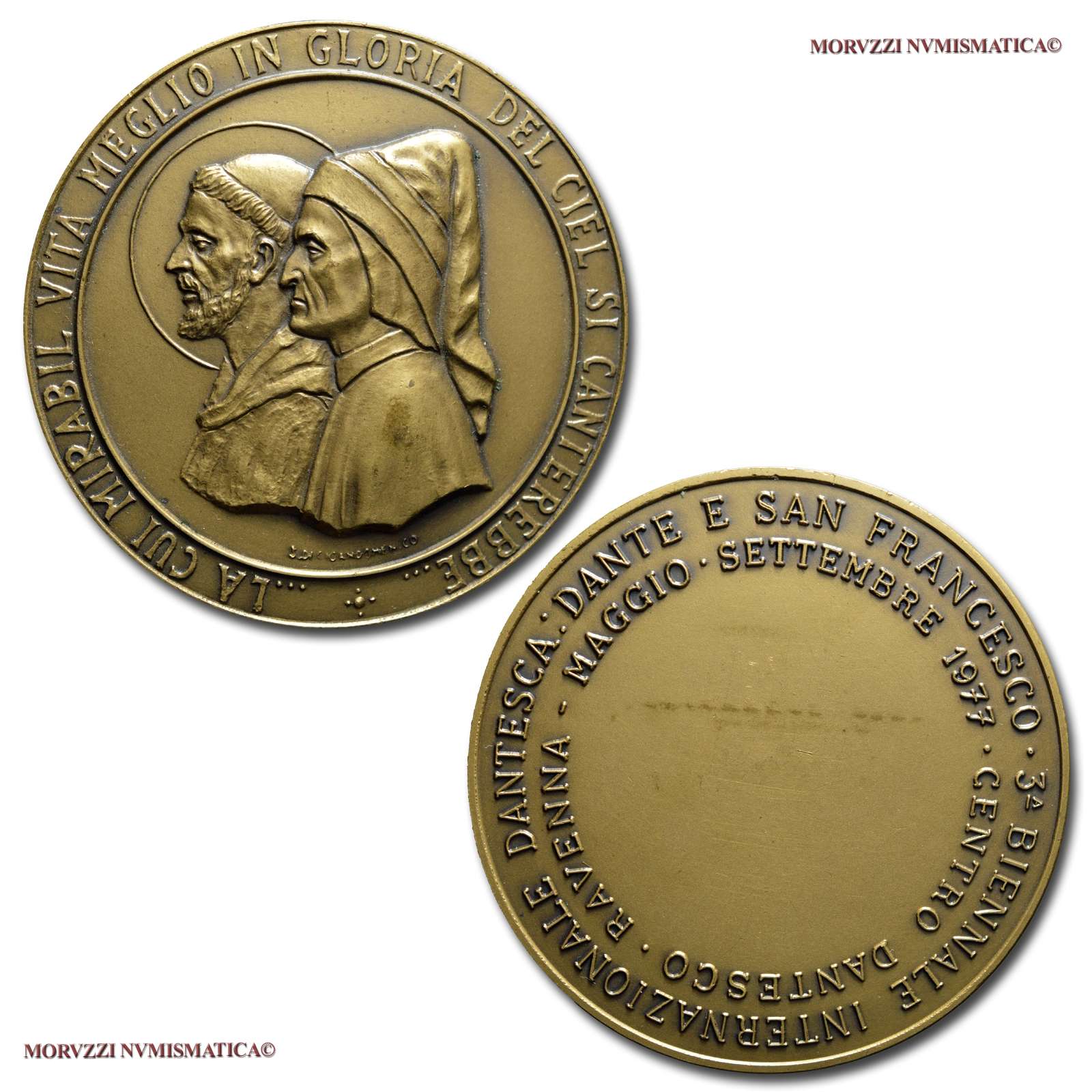 Italia, SAN FRANCESCO e DANTE, MEDAGLIA IN BRONZO, 1977, III Biennale della Medaglia Dantesca, Opus Sergio Giandomenico, FDC / medaglie italiane da collezione | Moruzzi Numismatica