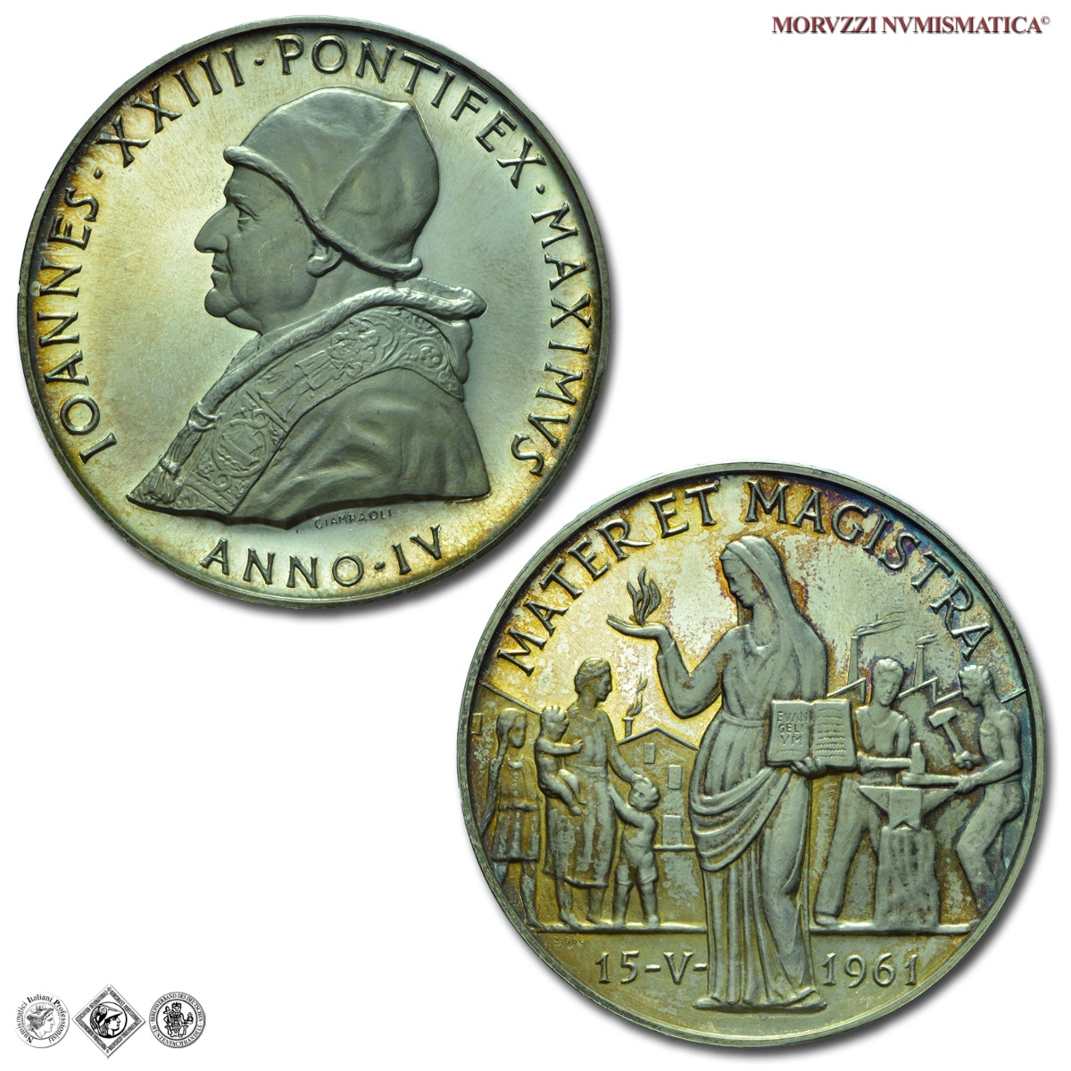 Città del Vaticano, GIOVANNI XXIII, Roncalli, MEDAGLIA ANNUALE IN ARGENTO, (1962) A. IV, Enciclica Mater et Magistra, Opus Pietro Giampaoli, FDC, (Bartolotti E962) / medaglie papali pontificie annuali d'argento da collezione | Moruzzi Numismatica