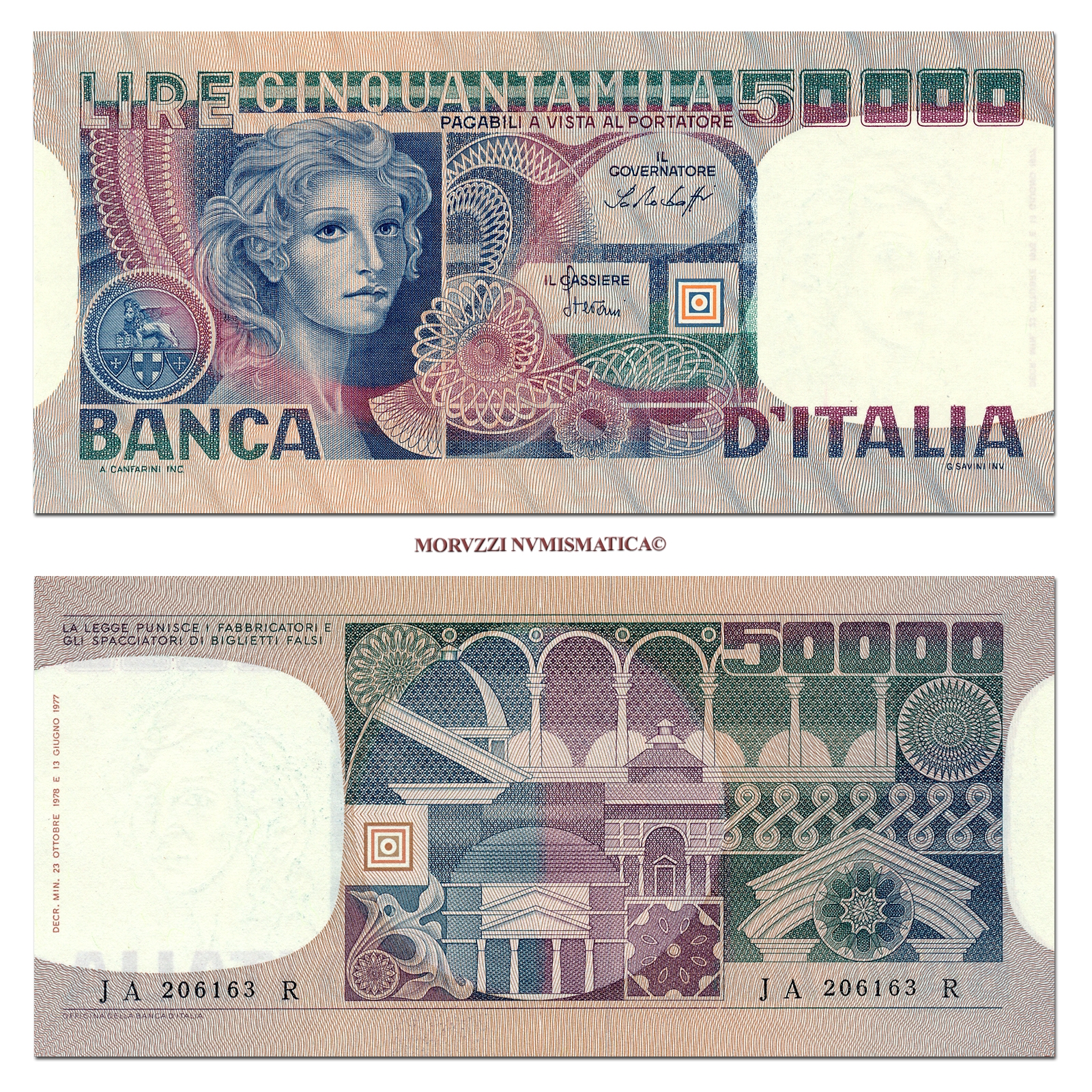 Repubblica Italiana, BANCA D'ITALIA, 50000 LIRE, 23.10.1978, Volto di donna, Firme: Baffi, Stevani, qFDS, (Crapanzano 601) / banconote italiane (cartamoneta italiana) | Moruzzi Numismatica