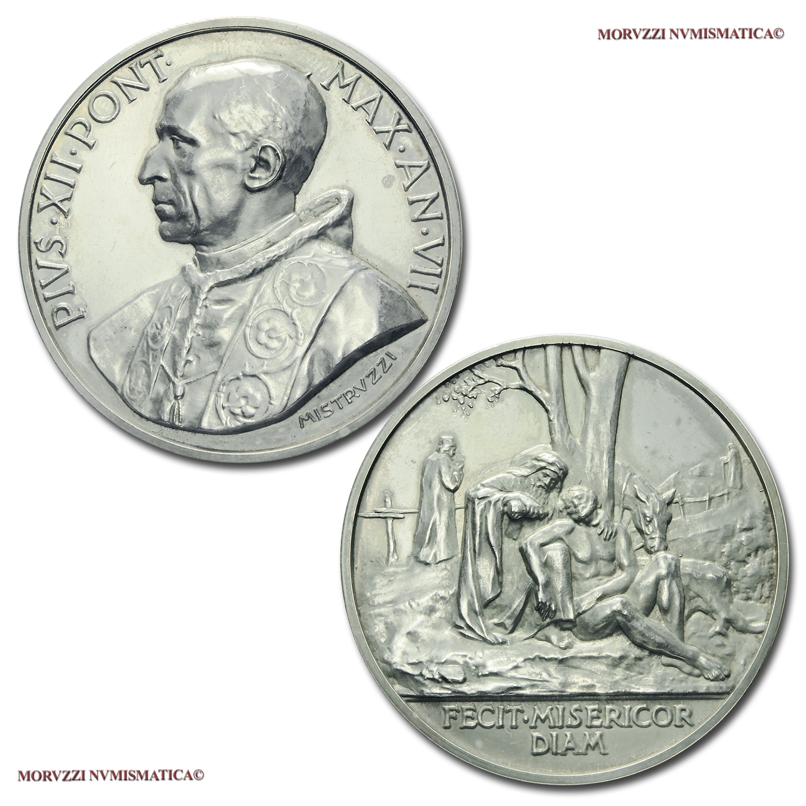 Città del Vaticano, PIO XII, MEDAGLIA ANNUALE IN ARGENTO, 1945 AN VII, Il buon Samaritano, Opus A. Mistruzzi, (Bartolotti 945) | Moruzzi Numismatica