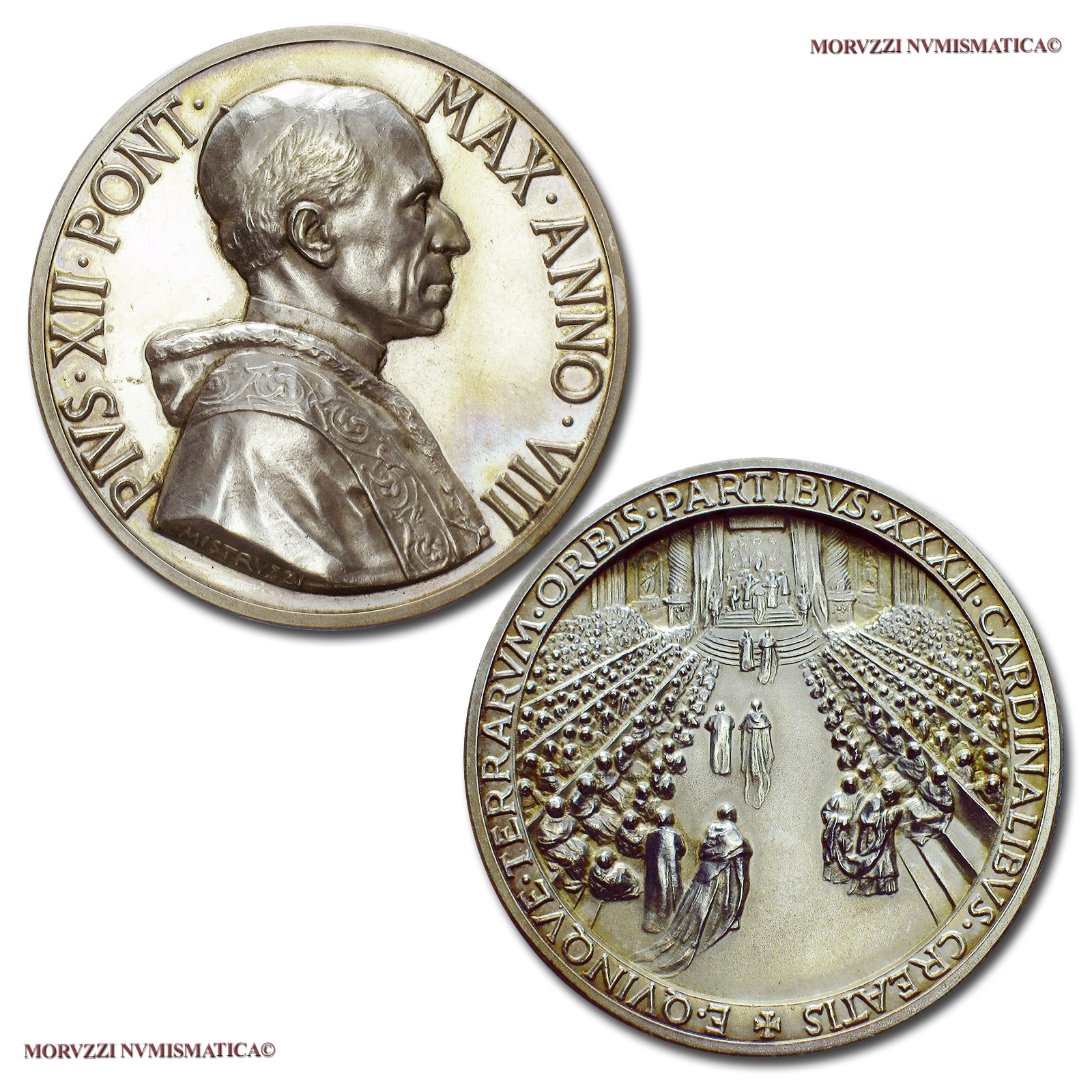 Città del Vaticano, PIO XII, MEDAGLIA ANNUALE IN ARGENTO, 1946 ANNO VIII, Concistoro del 1946, Opus A. Mistruzzi, (Bartolotti 946) | Moruzzi Numismatica