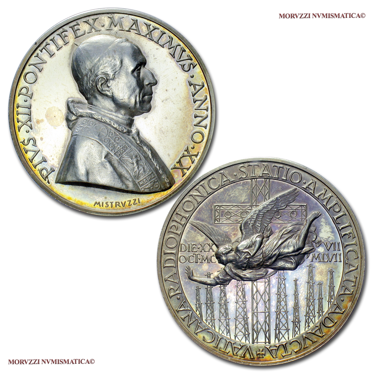 Città del Vaticano, PIO XII, MEDAGLIA IN ARGENTO, 1958 ANNO XX, Ampliamento stazione Radio Vaticana, Opus A. Mistruzzi, (Bartolotti 958) | Moruzzi Numismatica