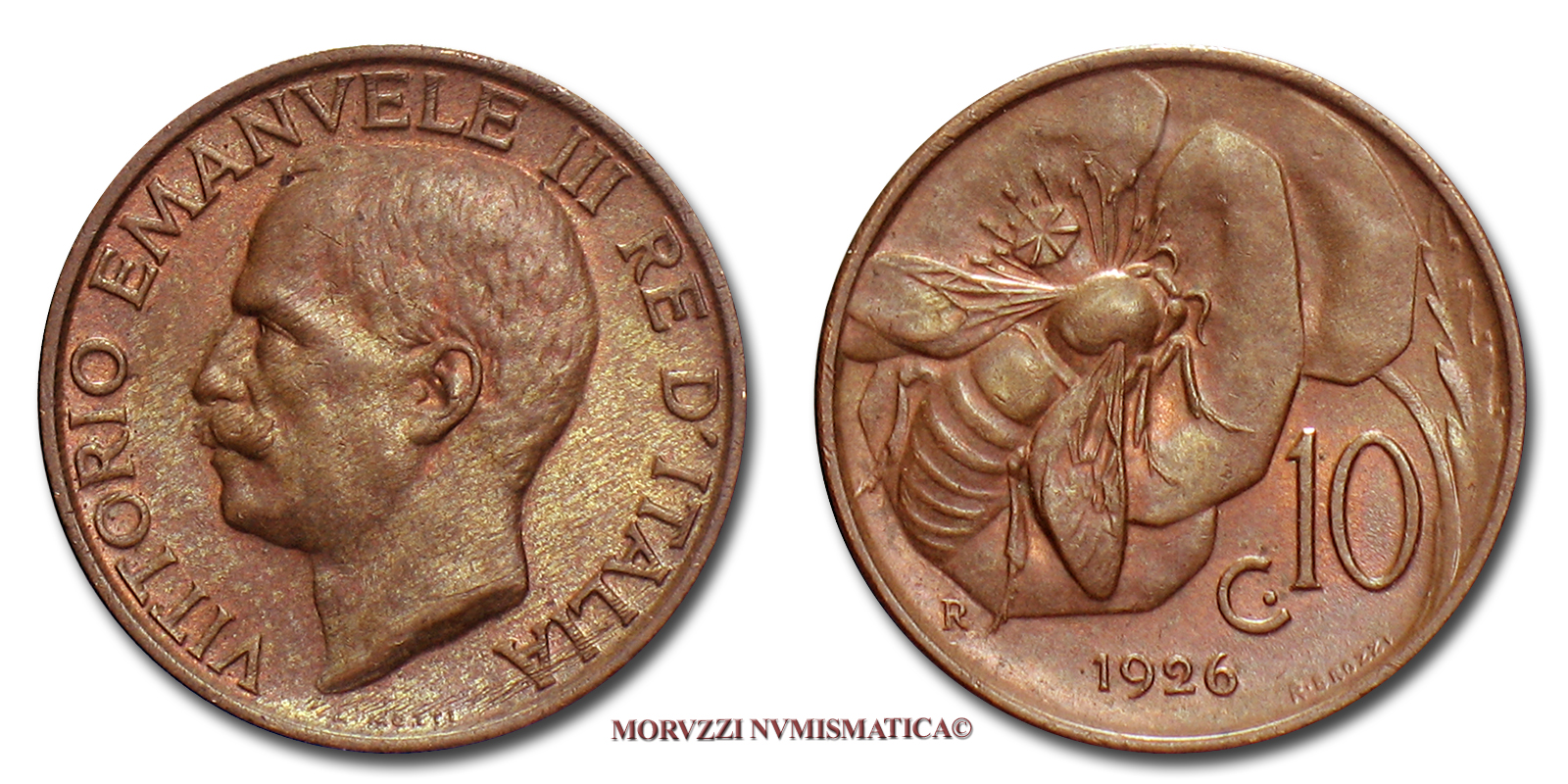 Regno d'Italia, VITTORIO EMANUELE III, 10 CENTESIMI, 1926, Ape, zecca di Roma, RAME, FDC, (Pagani 871) / monete italiane | Moruzzi Numismatica