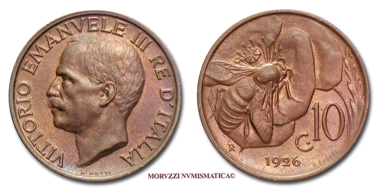 Regno d'Italia, VITTORIO EMANUELE III, 10 CENTESIMI, 1926, Ape, zecca di Roma, RAME, FDC, (Pagani 871) / monete italiane | Moruzzi Numismatica
