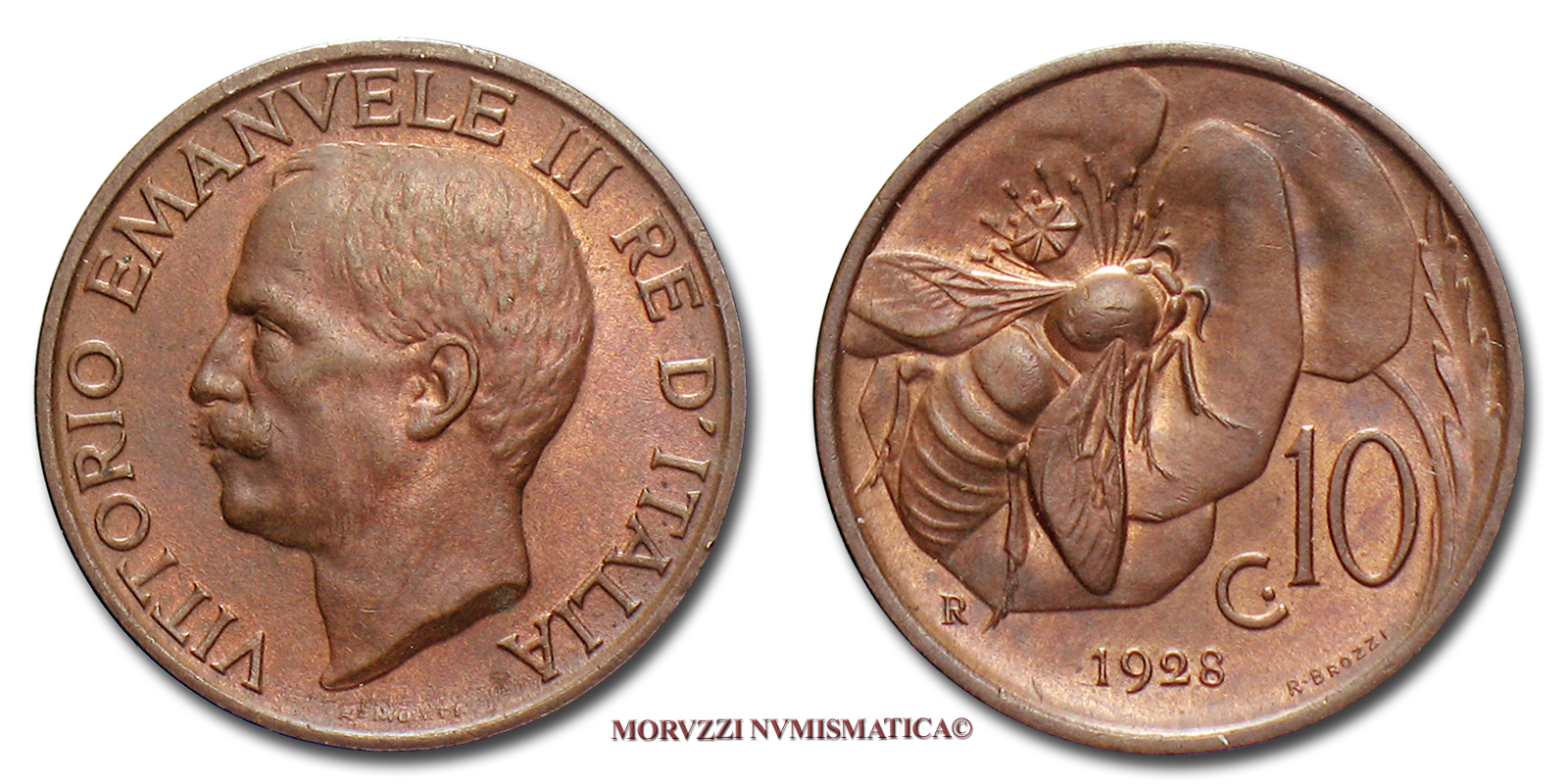 Regno d'Italia, VITTORIO EMANUELE III, 10 CENTESIMI, 1928, Ape, zecca di Roma, RAME, qFDC, (Pagani 873) / monete italiane | Moruzzi Numismatica