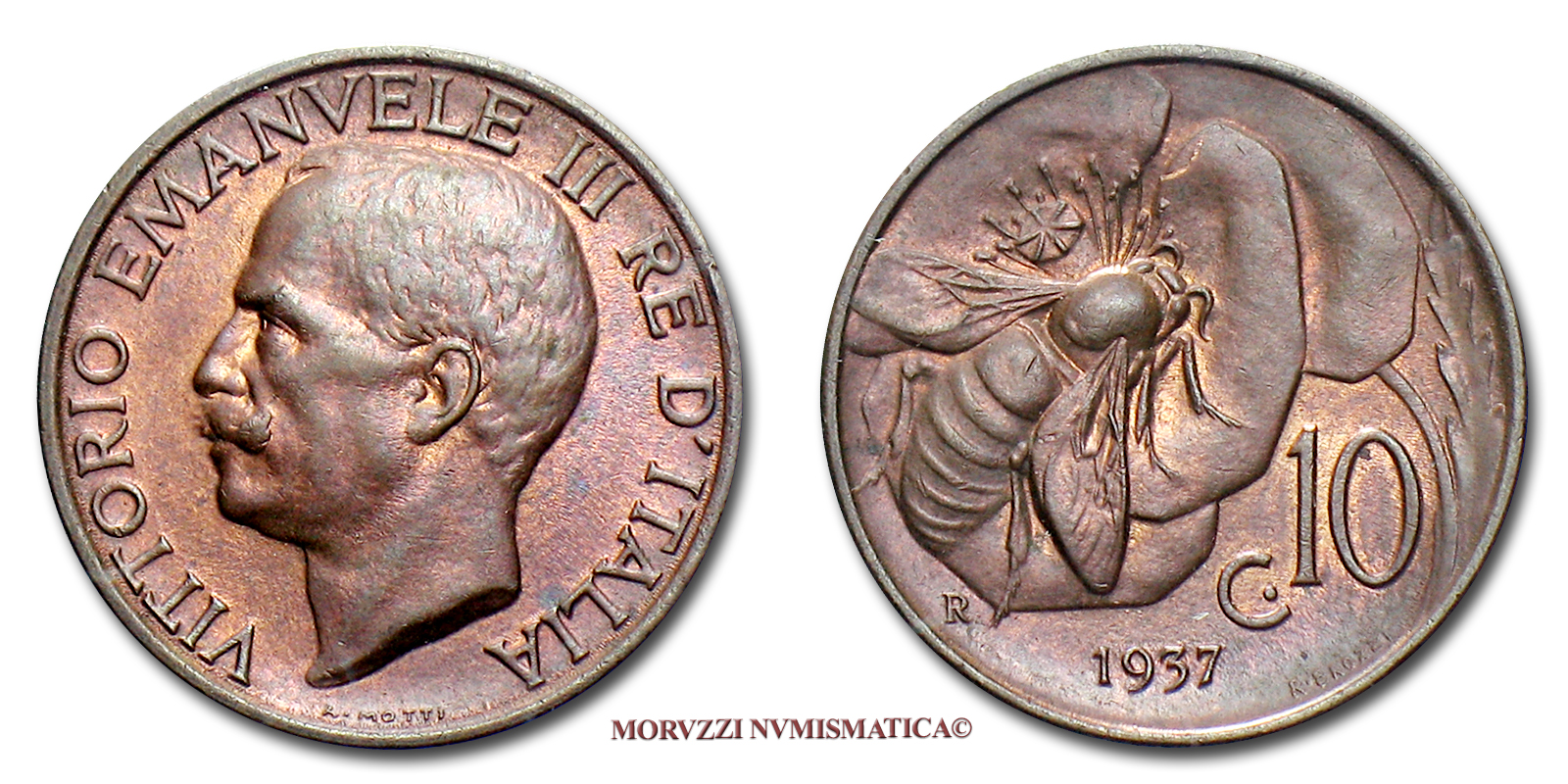 Regno d'Italia, VITTORIO EMANUELE III, 10 CENTESIMI, 1937, Ape, zecca di Roma, RAME, qFDC, (Pagani 882) / monete italiane | Moruzzi Numismatica