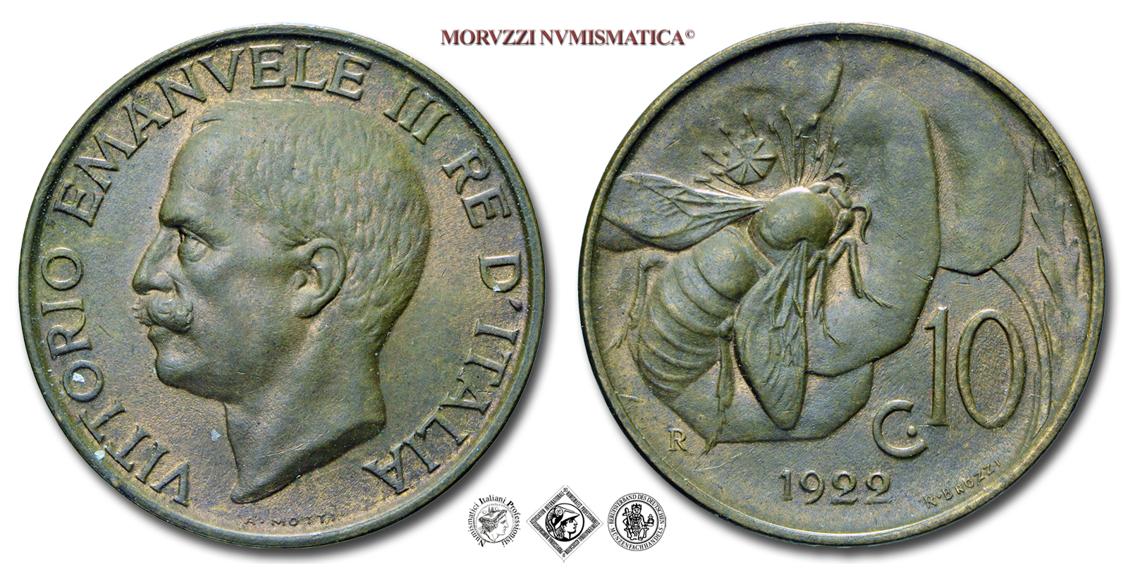 Regno d'Italia, VITTORIO EMANUELE III, 10 CENTESIMI, 1922, Ape, Zecca di Roma, RAME, FDC, (Pagani 867) / monete italiane moderne (moneta italiana moderna da collezione - Casa Savoia) | Moruzzi Numismatica