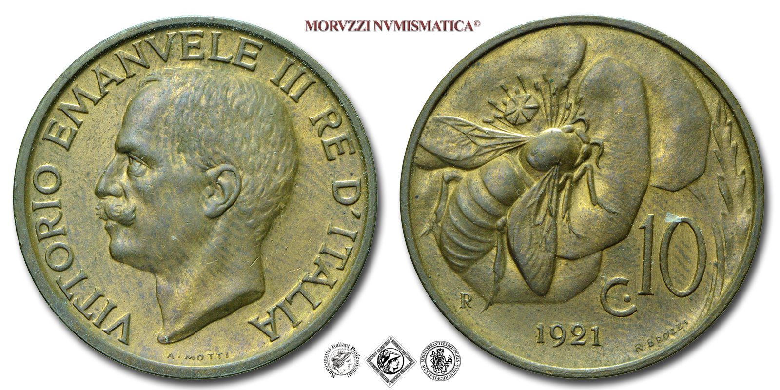 Regno d'Italia, VITTORIO EMANUELE III, 10 CENTESIMI, 1921, Ape, Zecca di Roma, RAME, FDC, (Pagani 866) / monete italiane moderne (moneta italiana moderna da collezione - Casa Savoia) | Moruzzi Numismatica