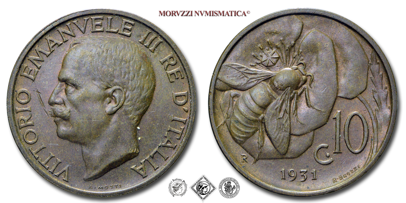 Regno d'Italia, VITTORIO EMANUELE III, 10 CENTESIMI, 1931, Ape, Zecca di Roma, RAME, qFDC, (Pagani 876) / monete italiane moderne (moneta italiana moderna da collezione - Casa Savoia) | Moruzzi Numismatica