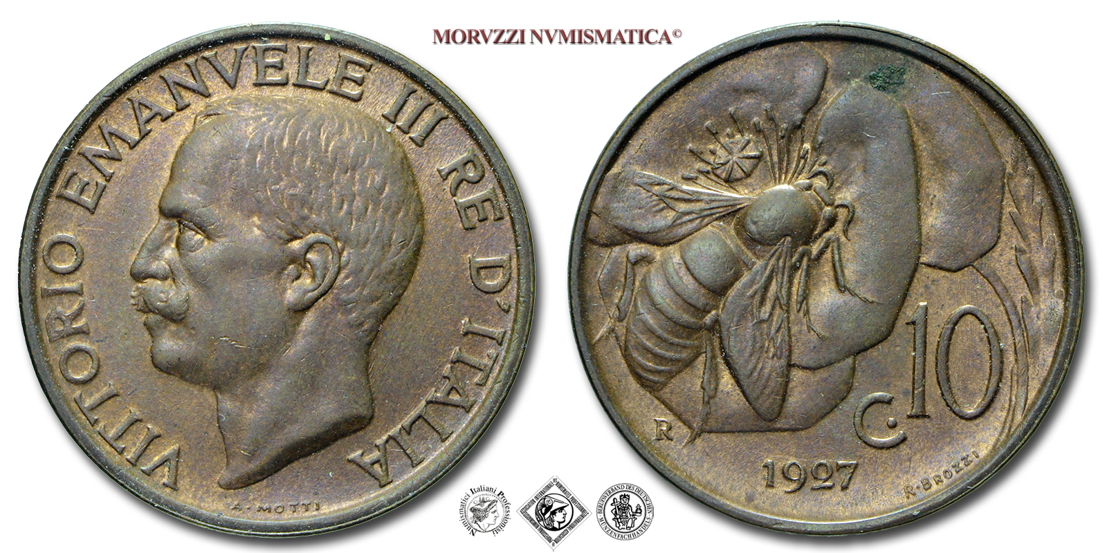 Regno d'Italia, VITTORIO EMANUELE III, 10 CENTESIMI, 1927, Ape, Zecca di Roma, RAME, FDC, (Pagani 872) / monete italiane moderne (moneta italiana moderna da collezione - Casa Savoia) | Moruzzi Numismatica
