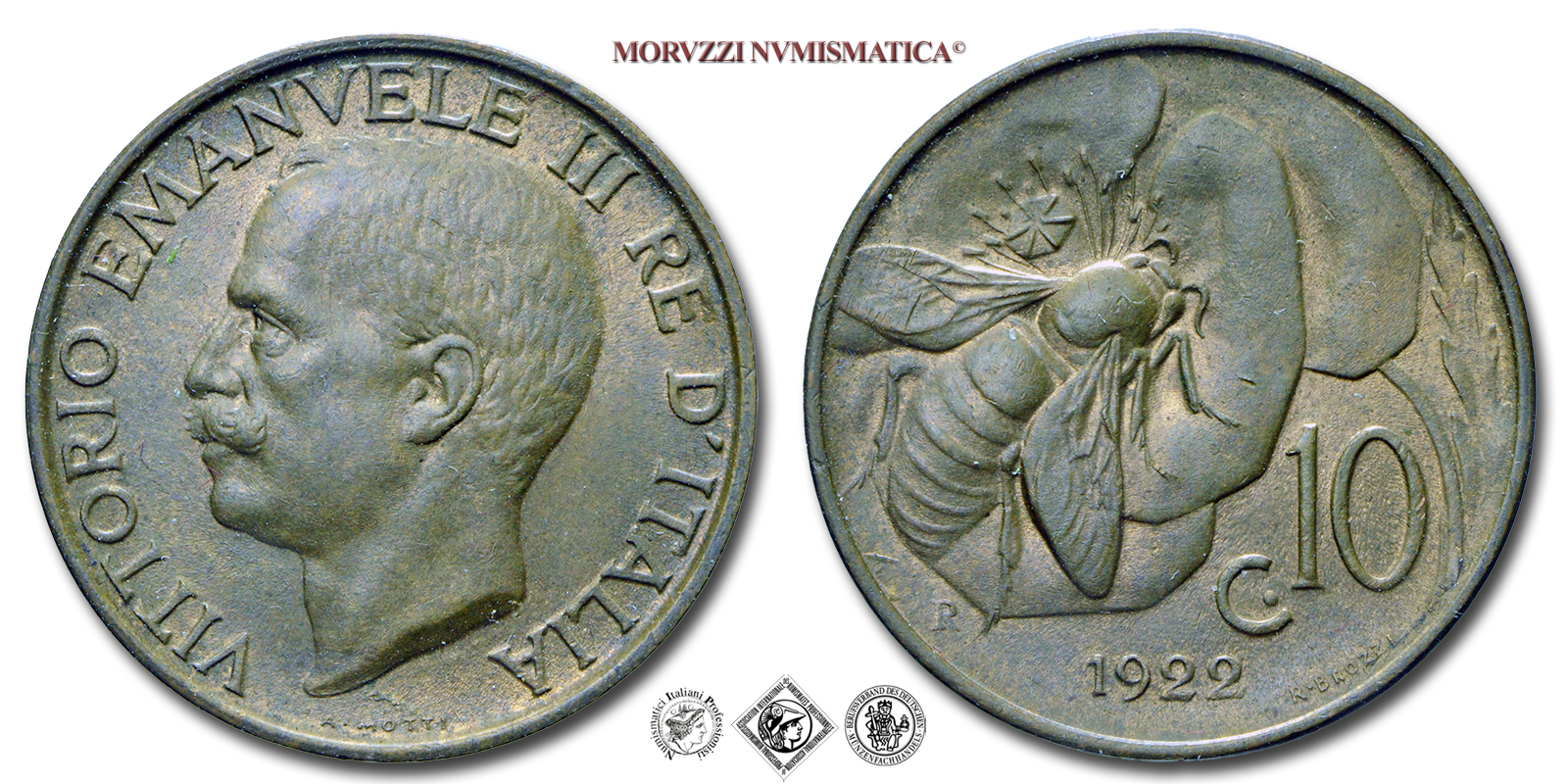 Regno d'Italia, VITTORIO EMANUELE III, 10 CENTESIMI, 1922, Ape, Zecca di Roma, RAME, FDC, (Pagani 867) / monete italiane moderne (moneta italiana moderna da collezione - Casa Savoia) | Moruzzi Numismatica
