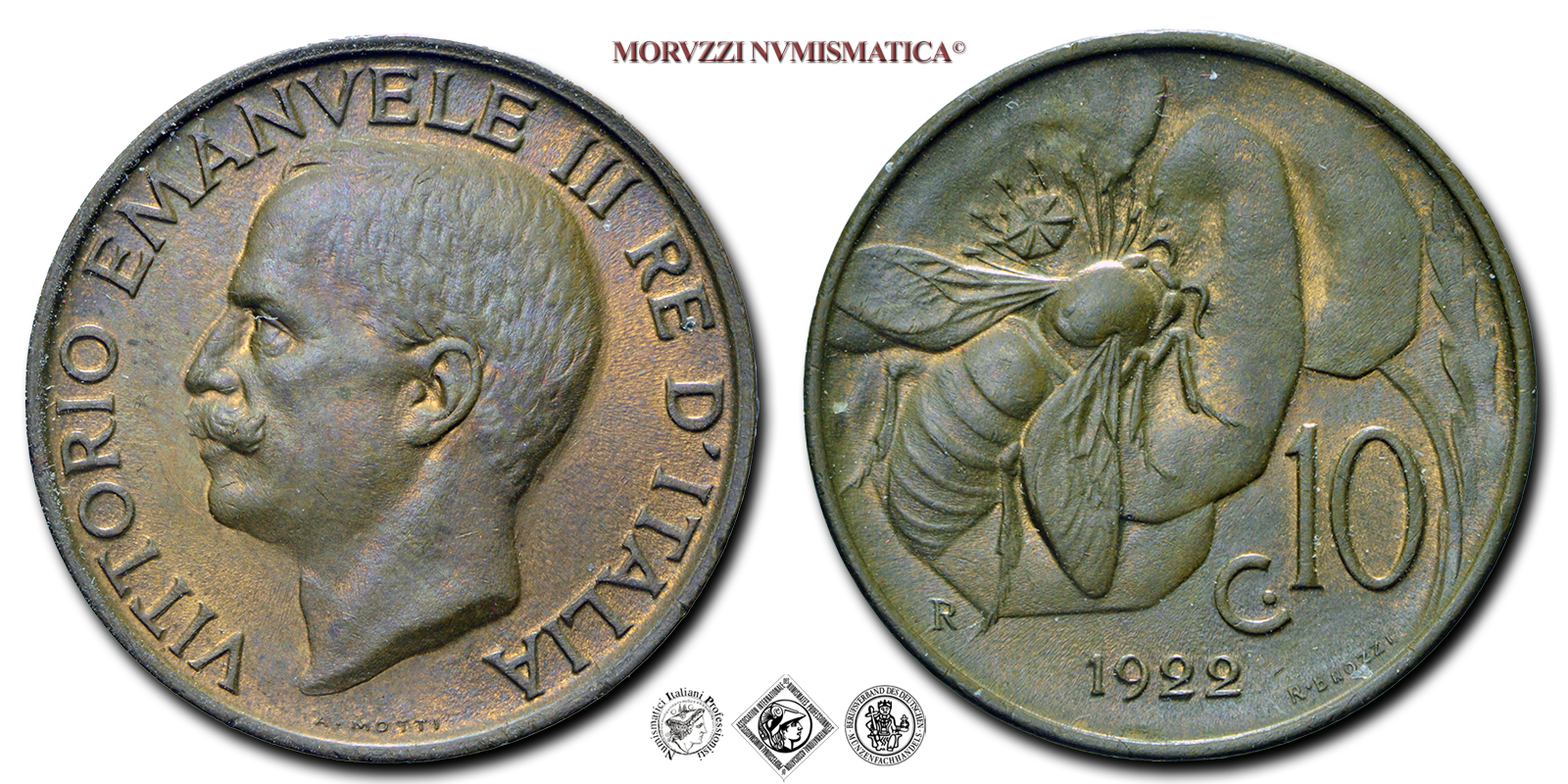 Regno d'Italia, VITTORIO EMANUELE III, 10 CENTESIMI, 1922, Ape, Zecca di Roma, RAME, qFDC, (Pagani 867) / monete italiane moderne (moneta italiana moderna da collezione - Casa Savoia) | Moruzzi Numismatica