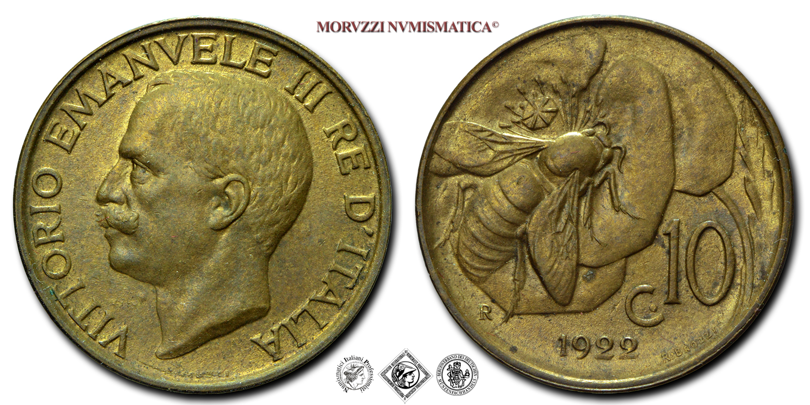 Regno d'Italia, VITTORIO EMANUELE III, 10 CENTESIMI, 1922, Ape, Zecca di Roma, RAME, FDC, (Pagani 867) / monete italiane moderne (moneta italiana moderna da collezione - Casa Savoia) | Moruzzi Numismatica
