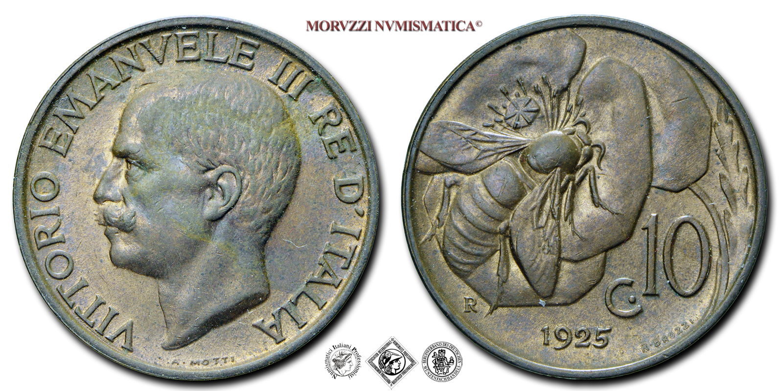 Regno d'Italia, VITTORIO EMANUELE III, 10 CENTESIMI, 1925, Ape, Zecca di Roma, RAME, FDC, (Pagani 870) / monete italiane moderne (moneta italiana moderna da collezione - Casa Savoia) | Moruzzi Numismatica