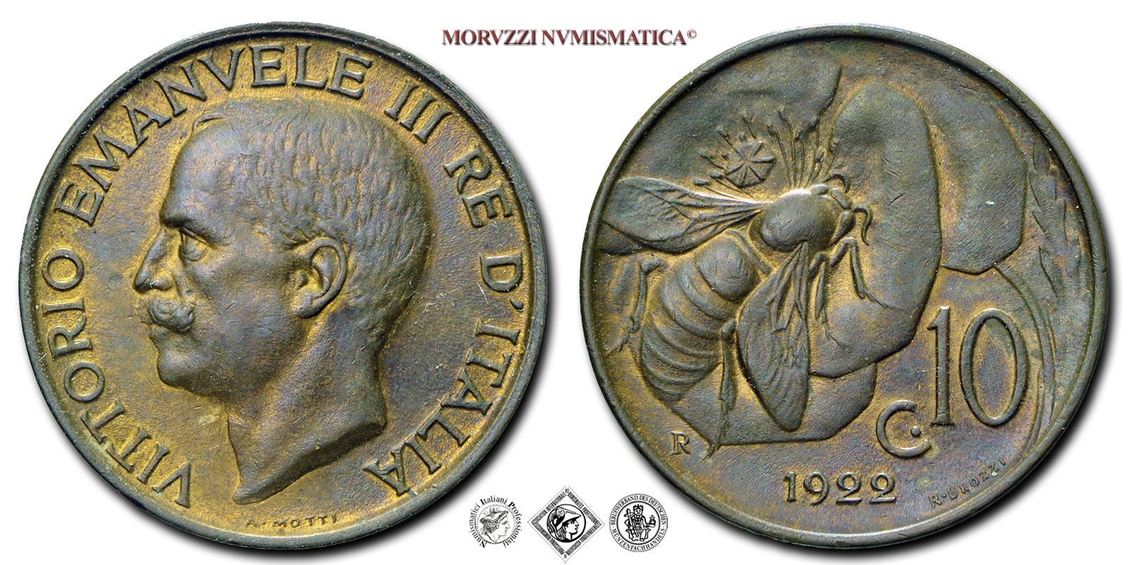 Regno d'Italia, VITTORIO EMANUELE III, 10 CENTESIMI, 1922, Ape, Zecca di Roma, RAME, qFDC, (Pagani 867) / monete italiane moderne (moneta italiana moderna da collezione - Casa Savoia) | Moruzzi Numismatica
